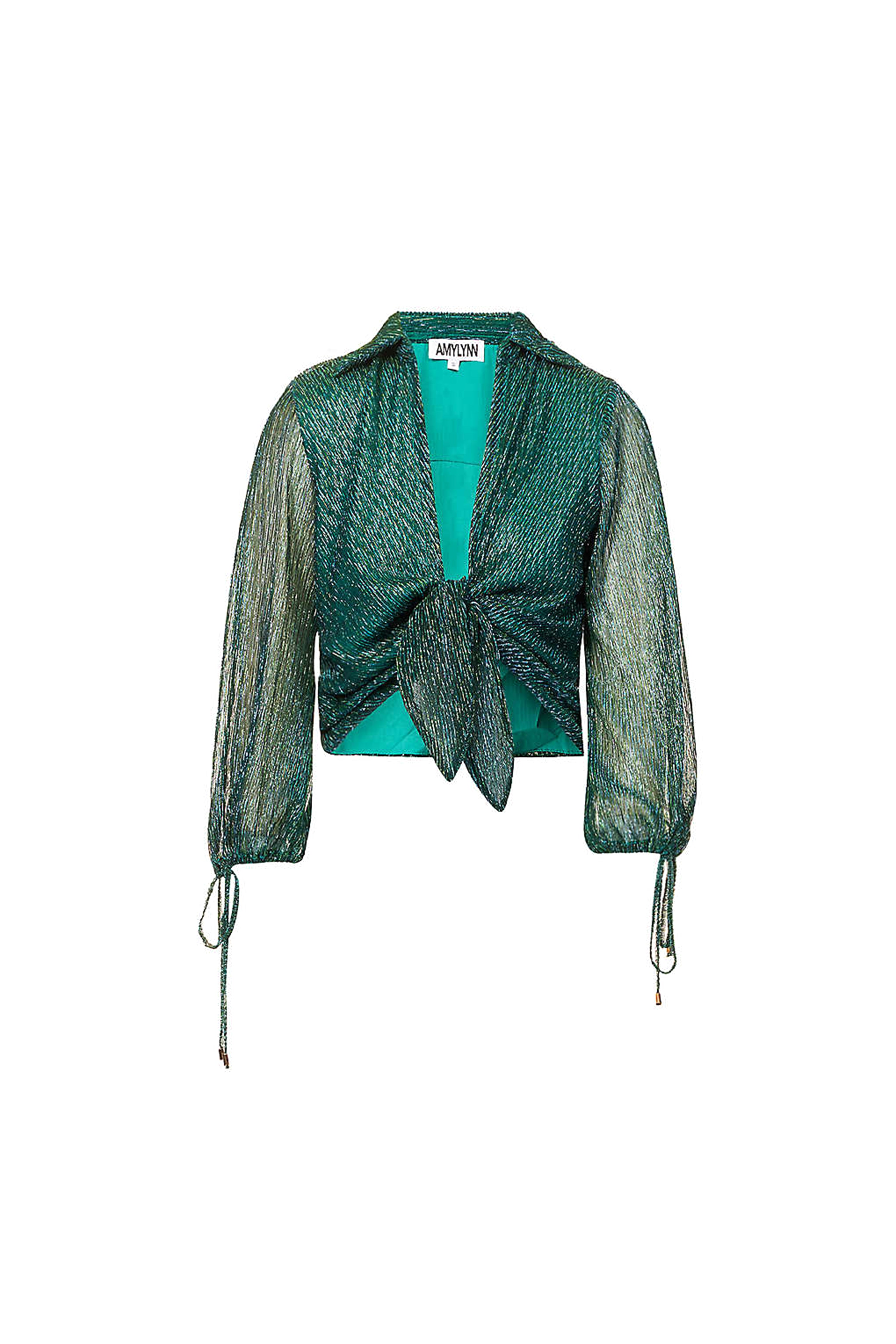 Ama Teal Green Metallic Tie Front Loose-fit Blouse | AmyLynn