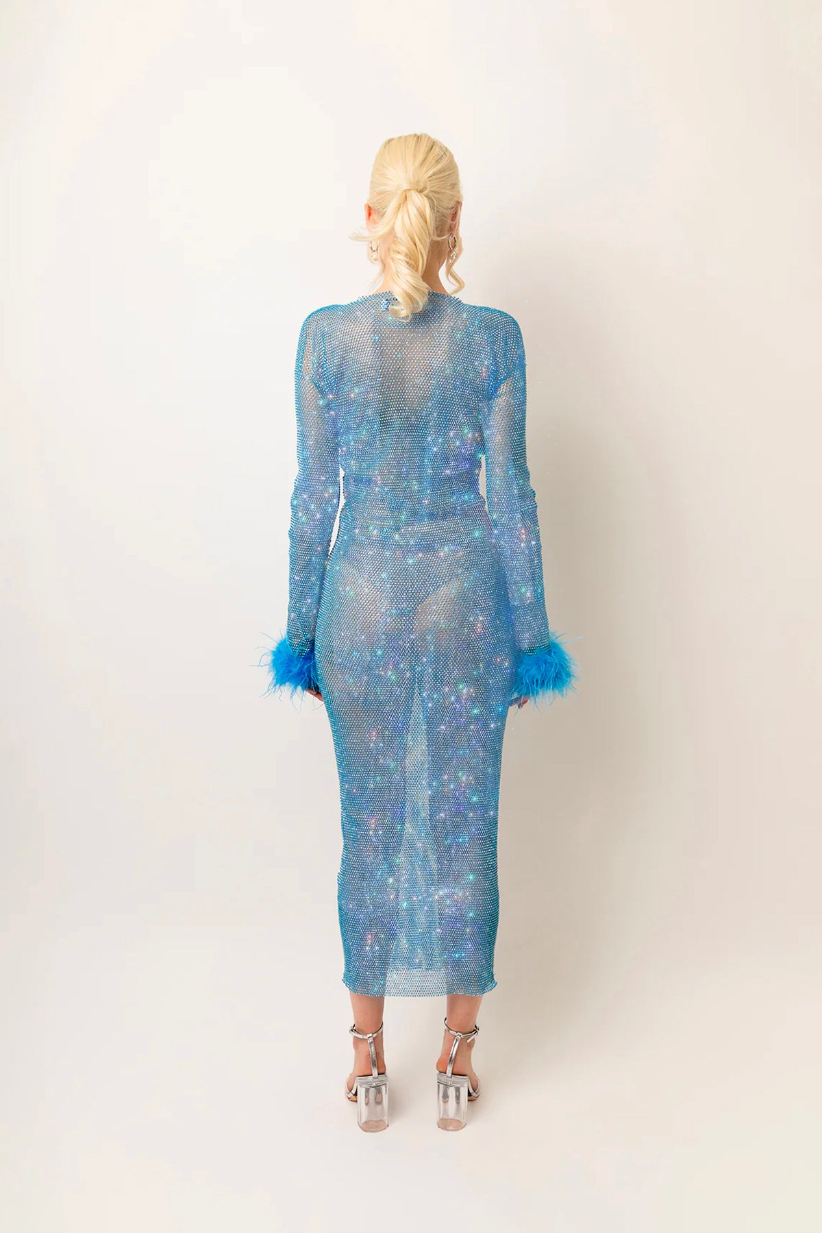 Seville Blue Net Mesh Rhinestone Maxi Dress