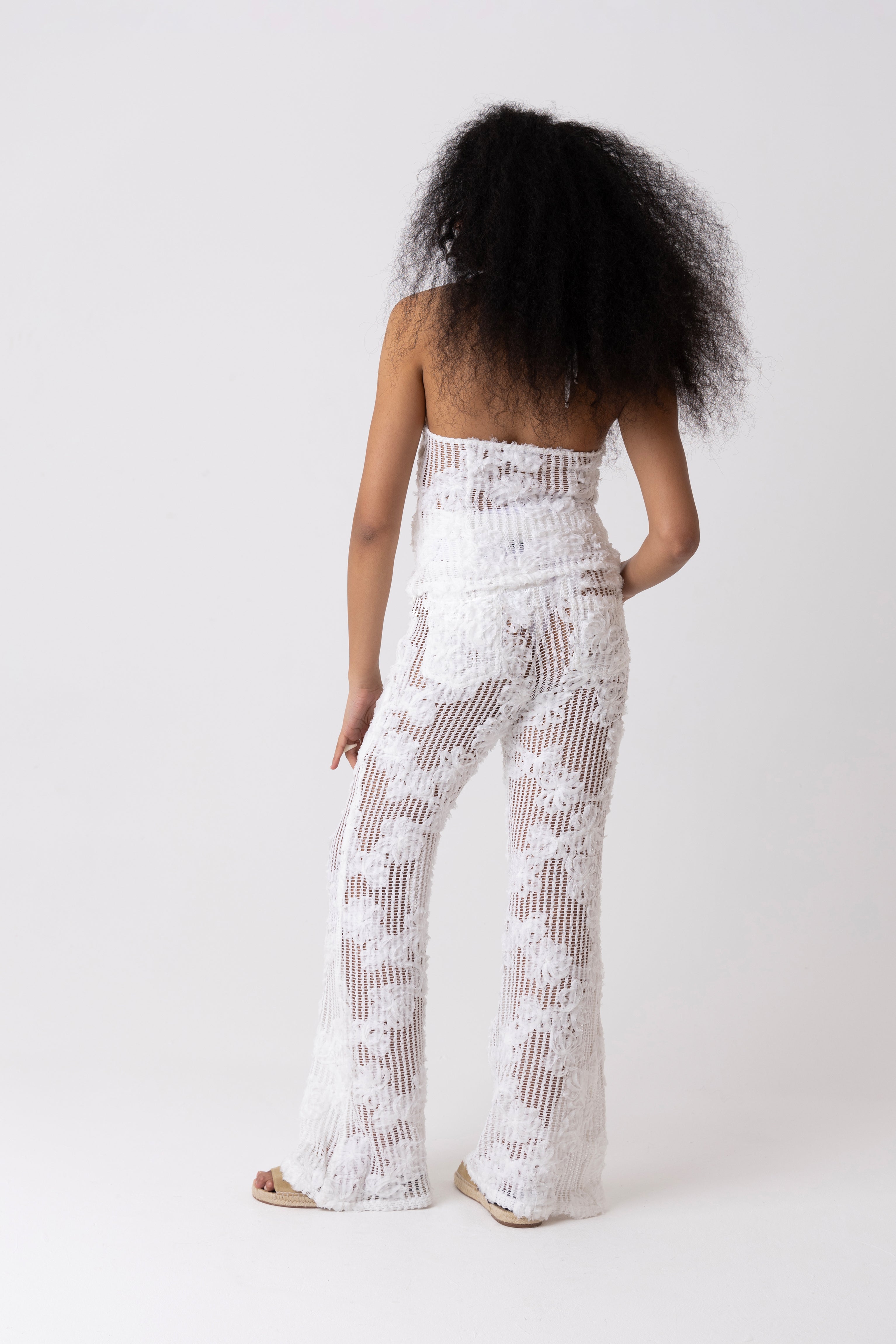 Cici White Pure Cotton Crochet Floral Lace Wide Leg Trouser