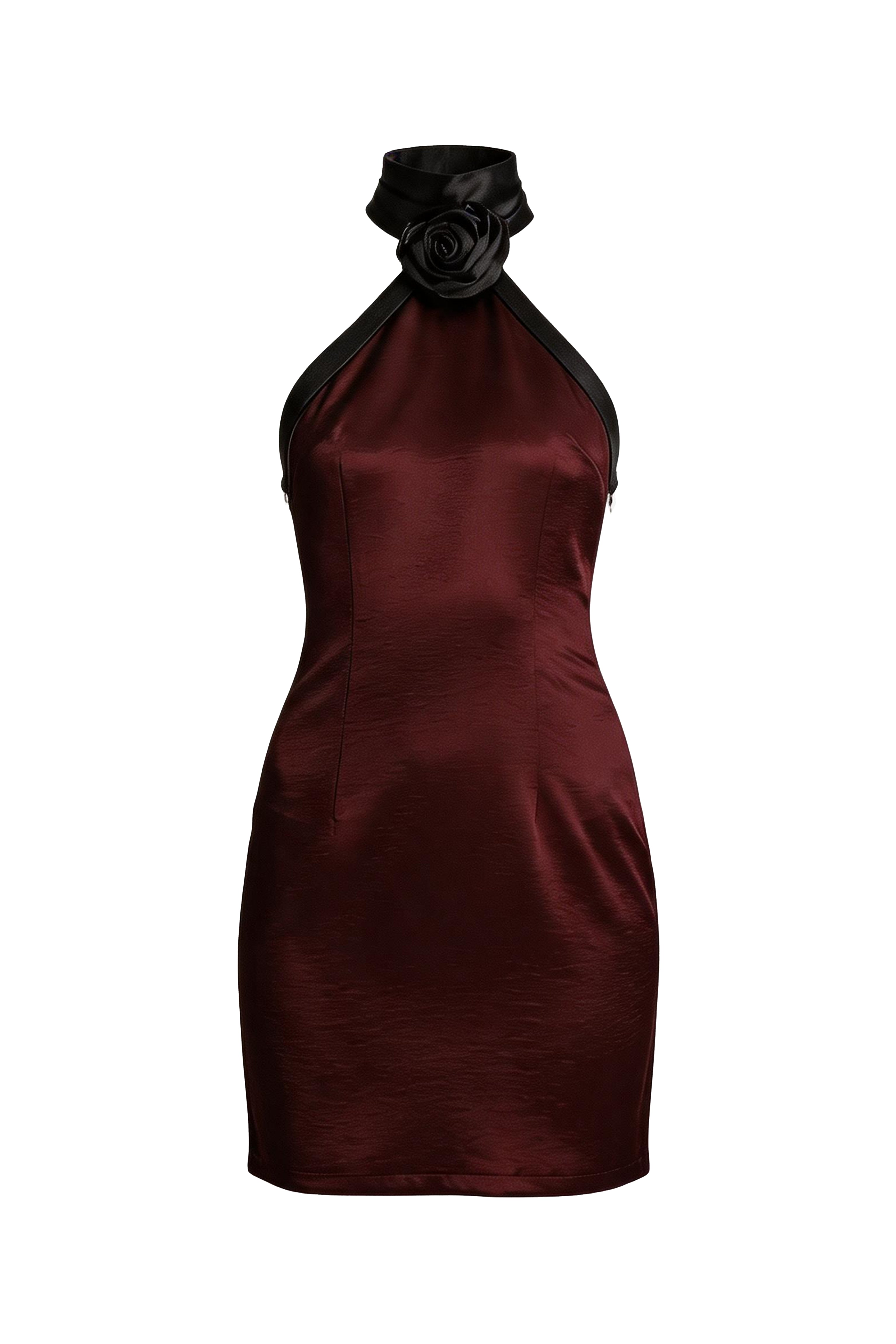 Rosella Satin Halterneck Mini Dress in Brown