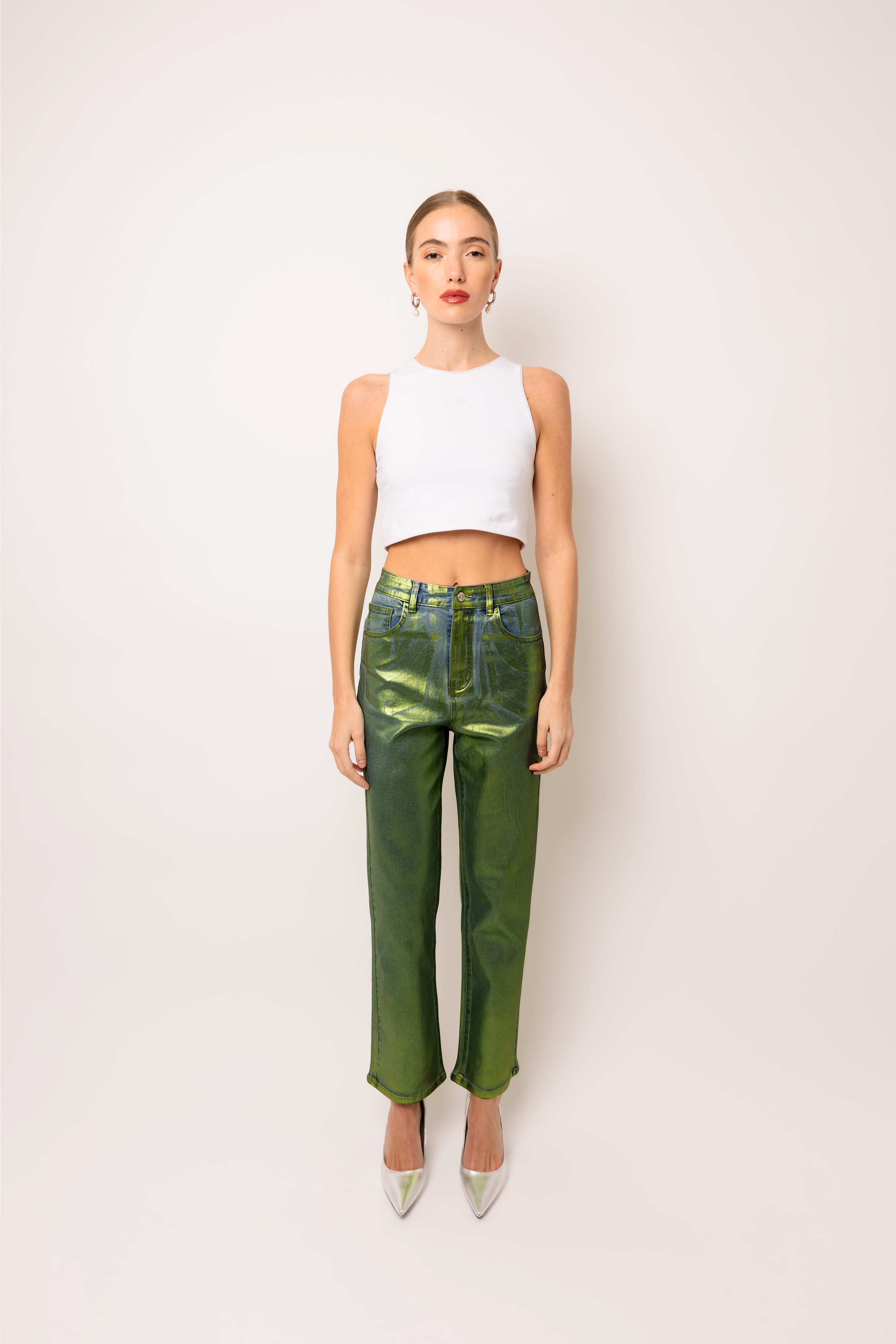 Lupe Green Denim Foil Coated Trousers