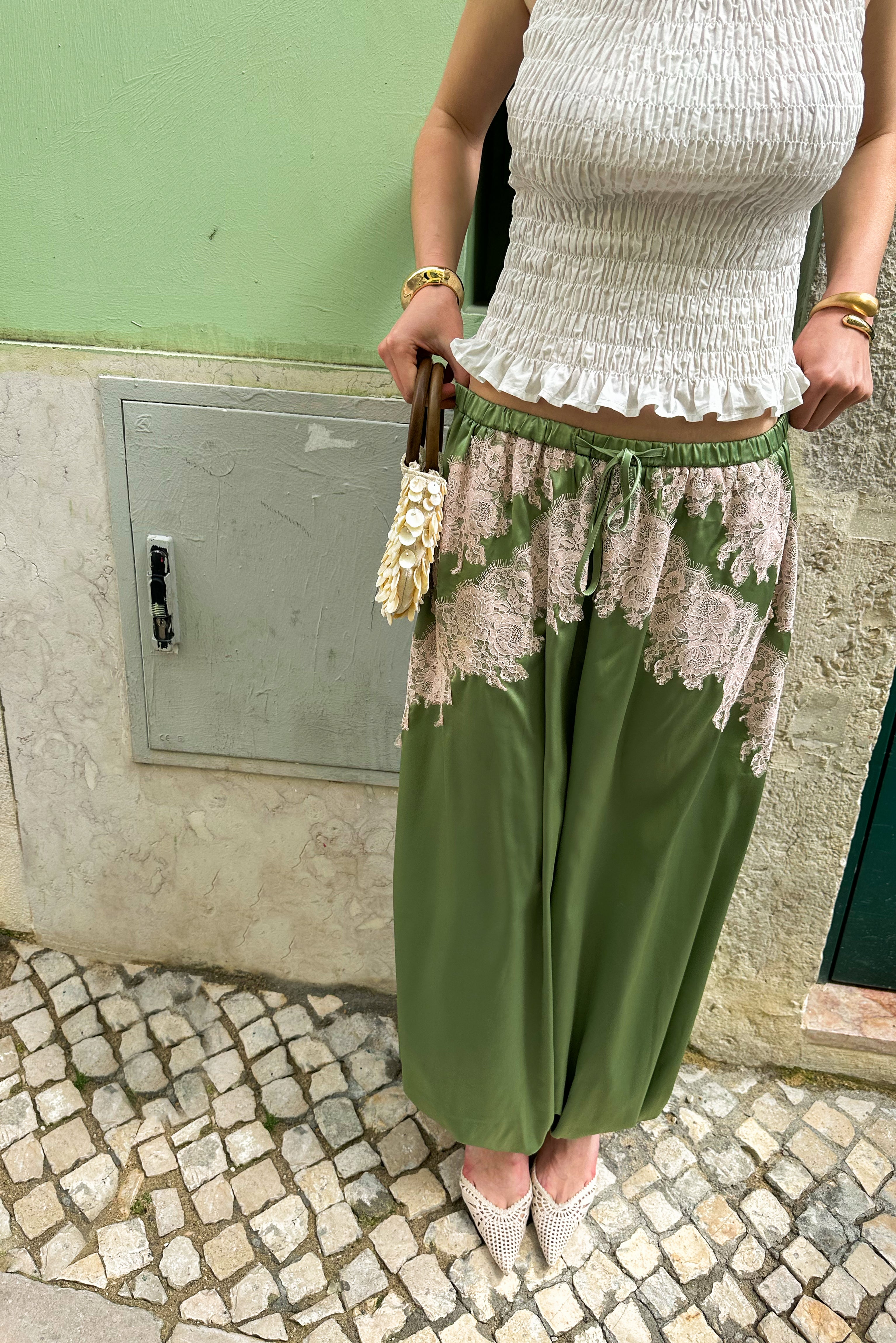 Emmie Lace-Detail Satin Balloon Trousers