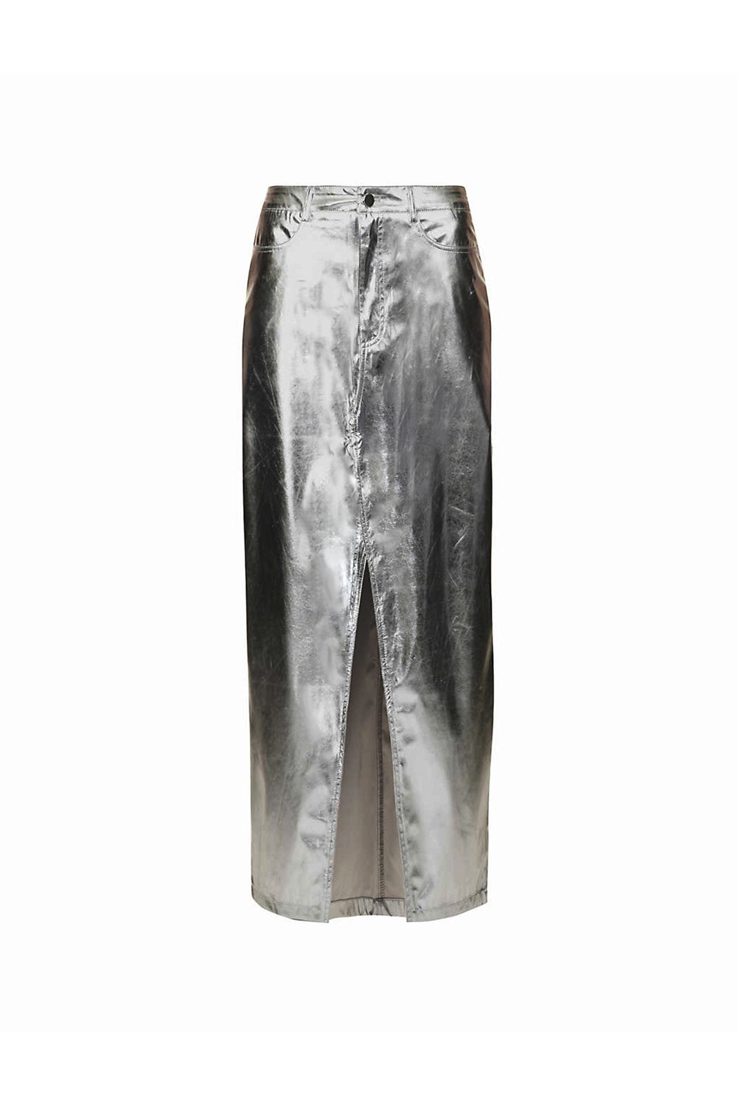 Lupe Shiny Silver Tailored High Waisted Metallic Faux Leather Maxi Skirt