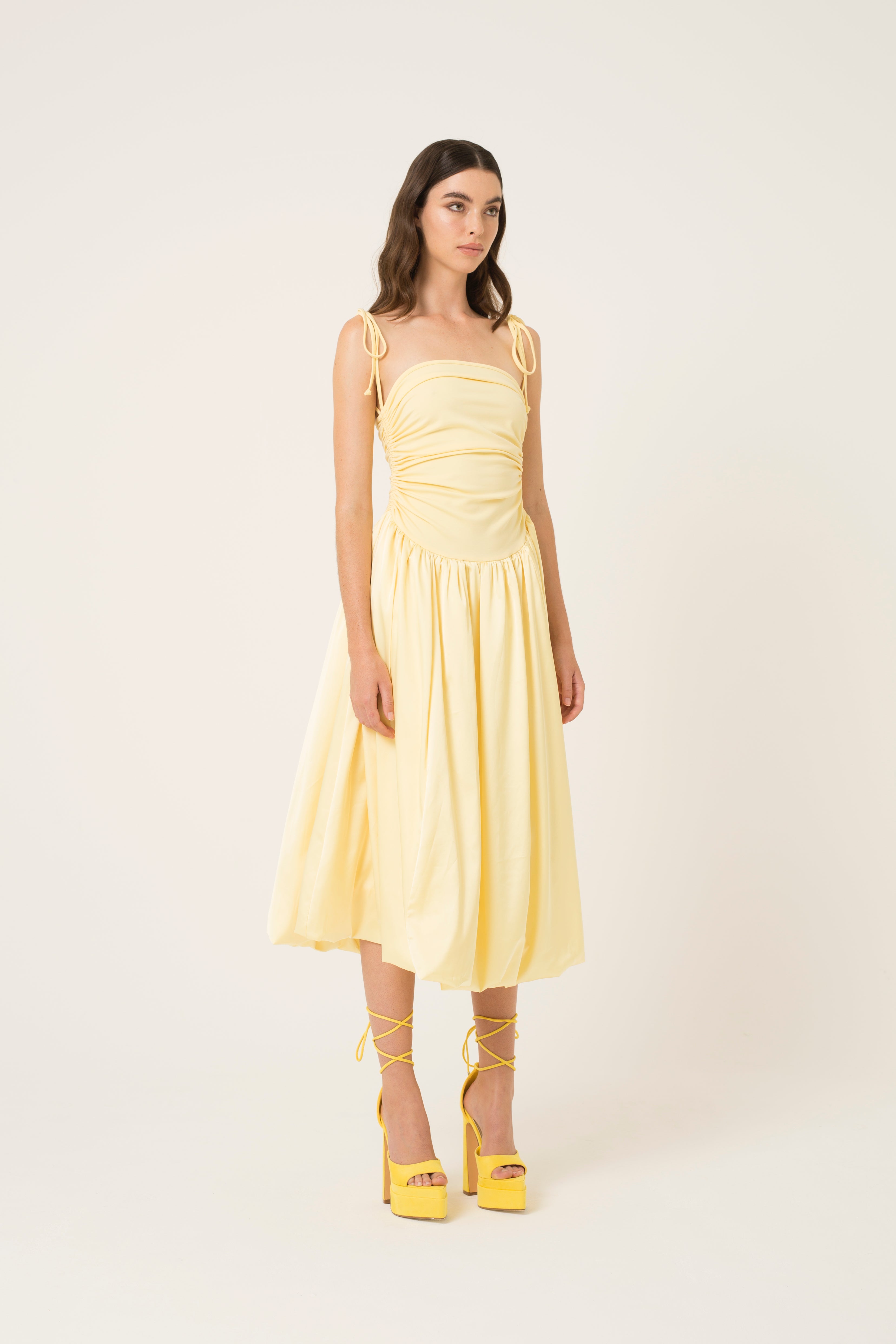 Alexa Yellow Puffball Fit and Flare Cotton Midi Dress