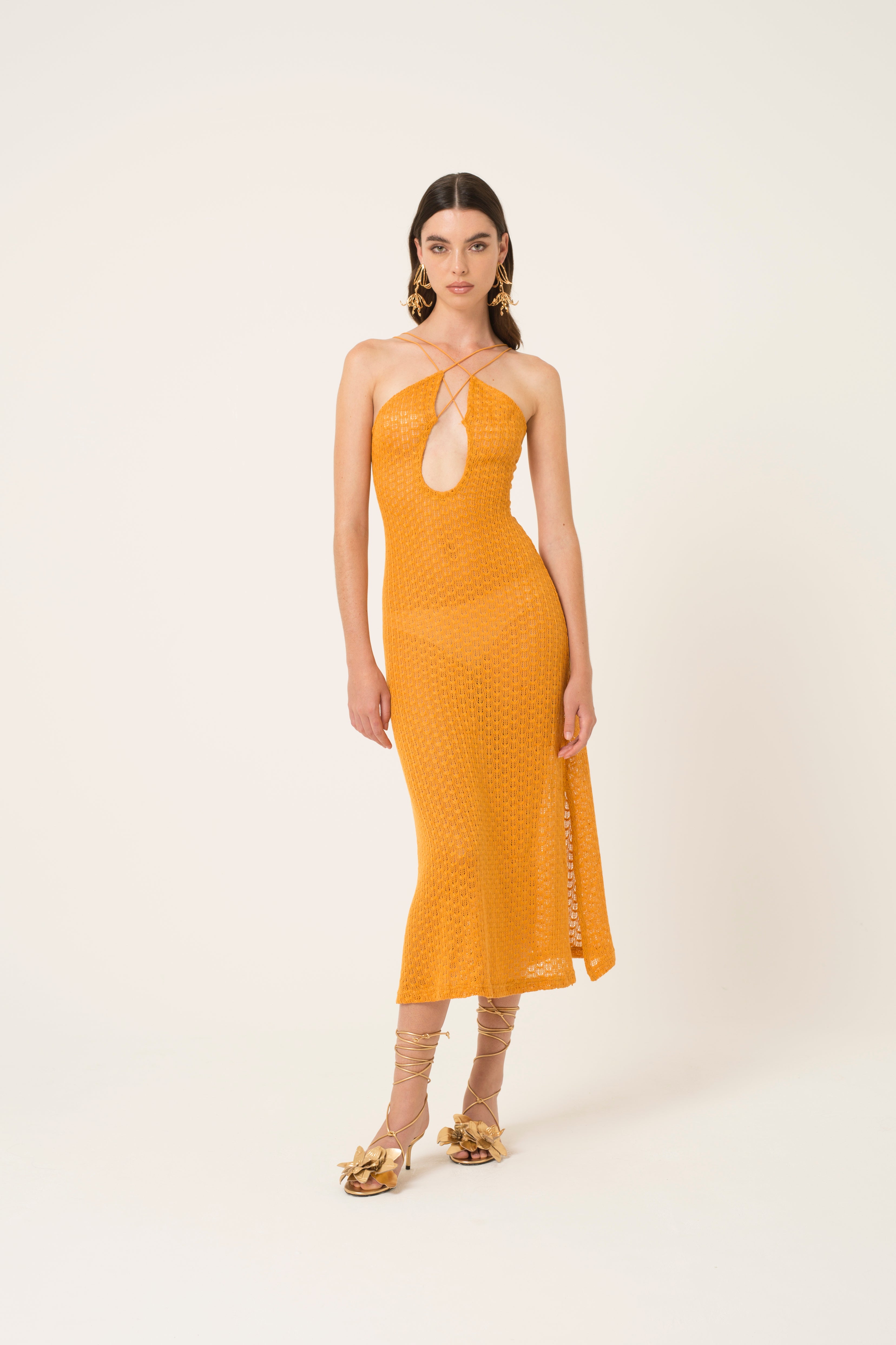 Molly Orange Crochet Halter Neck Midi Dress