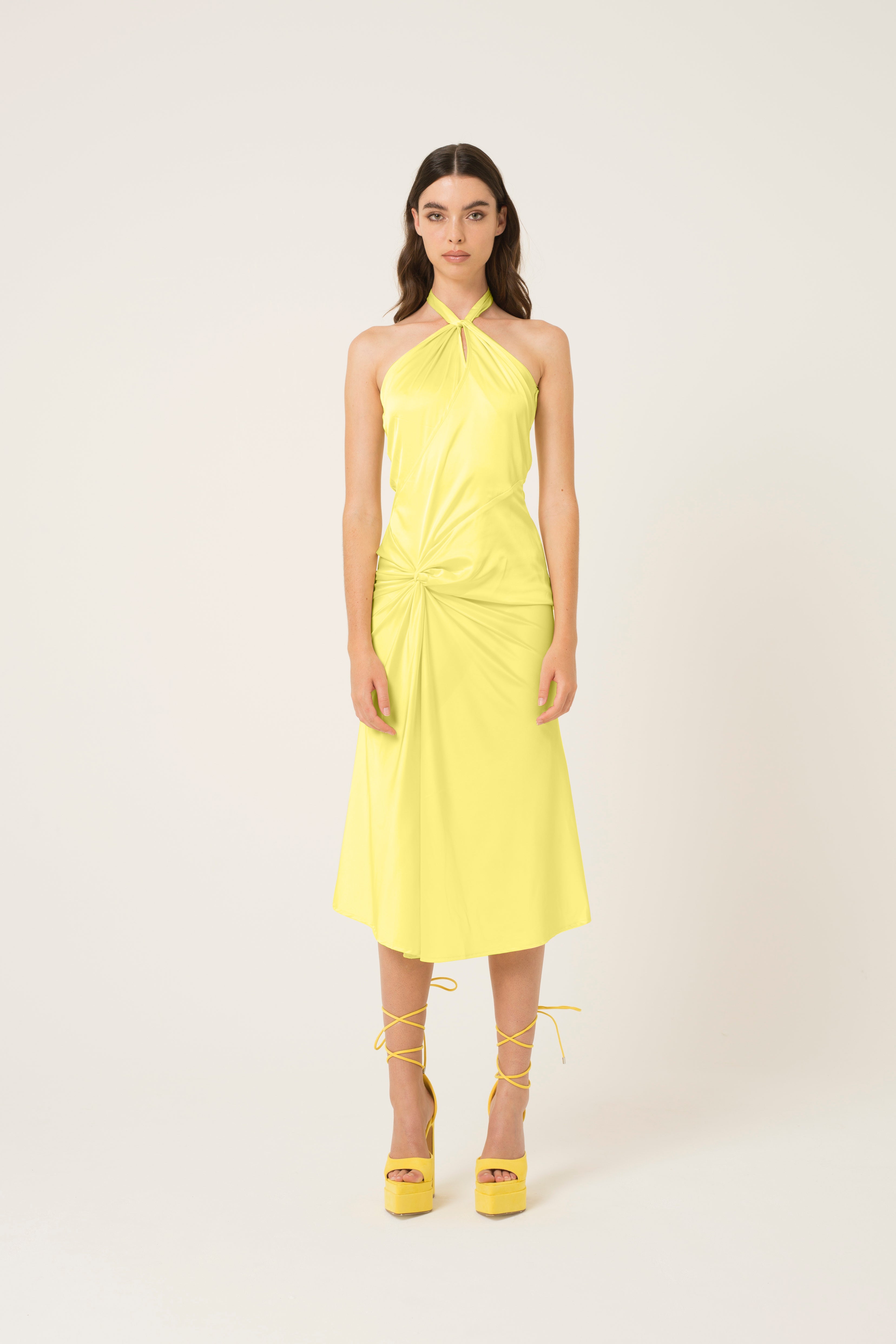 Serena Yellow Satin Halter Neck Midi Dress