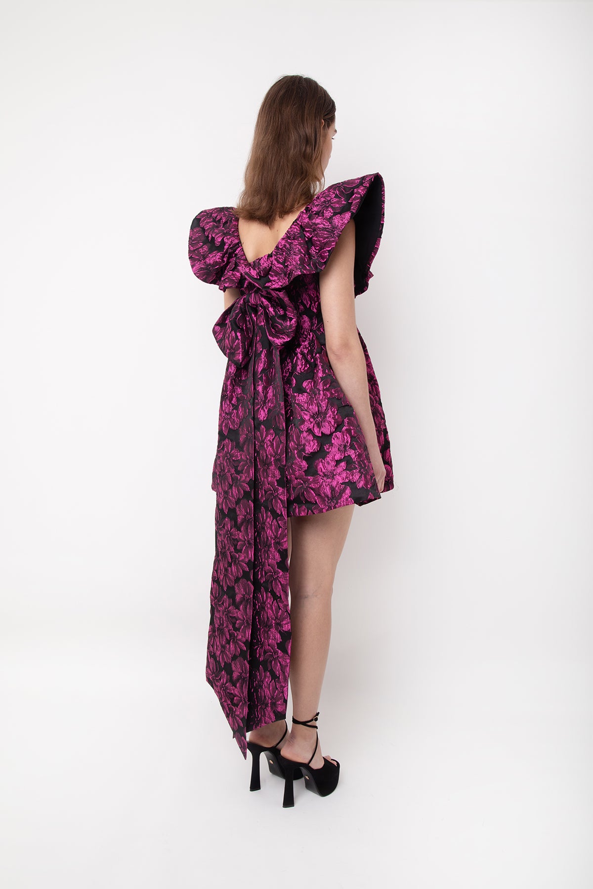 Jaime Purple Floral Jacquard Ruffle Sleeve Mini Dress