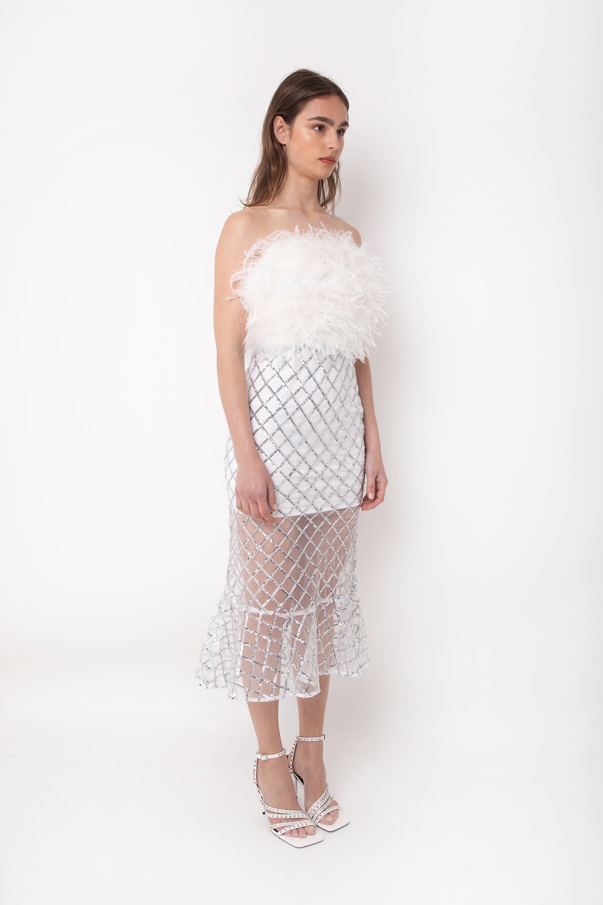 Hollywood White Strapless Sequin Embellished and Feather Midi Dress | AMYLYNN