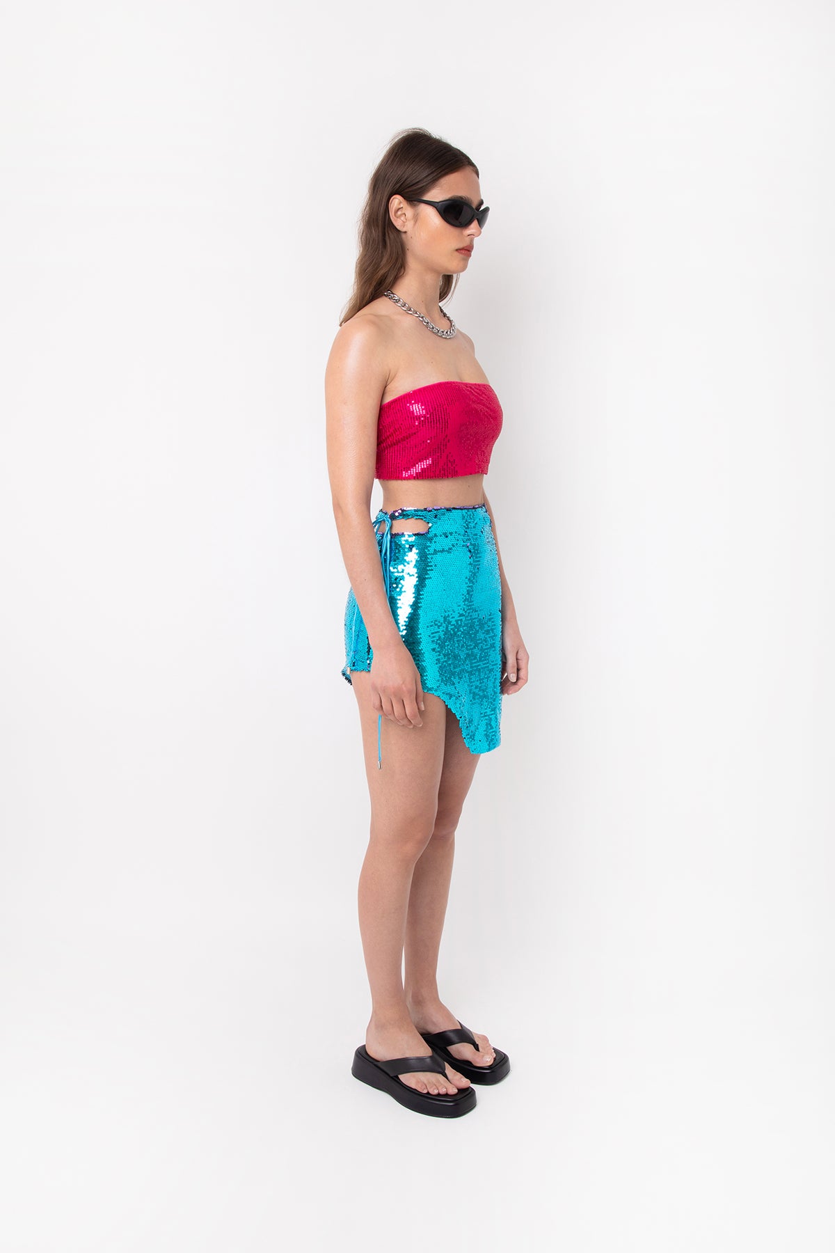 Hailey Blue Sequin Embellished Asymmetrical Mini Skirt | AMYLYNN