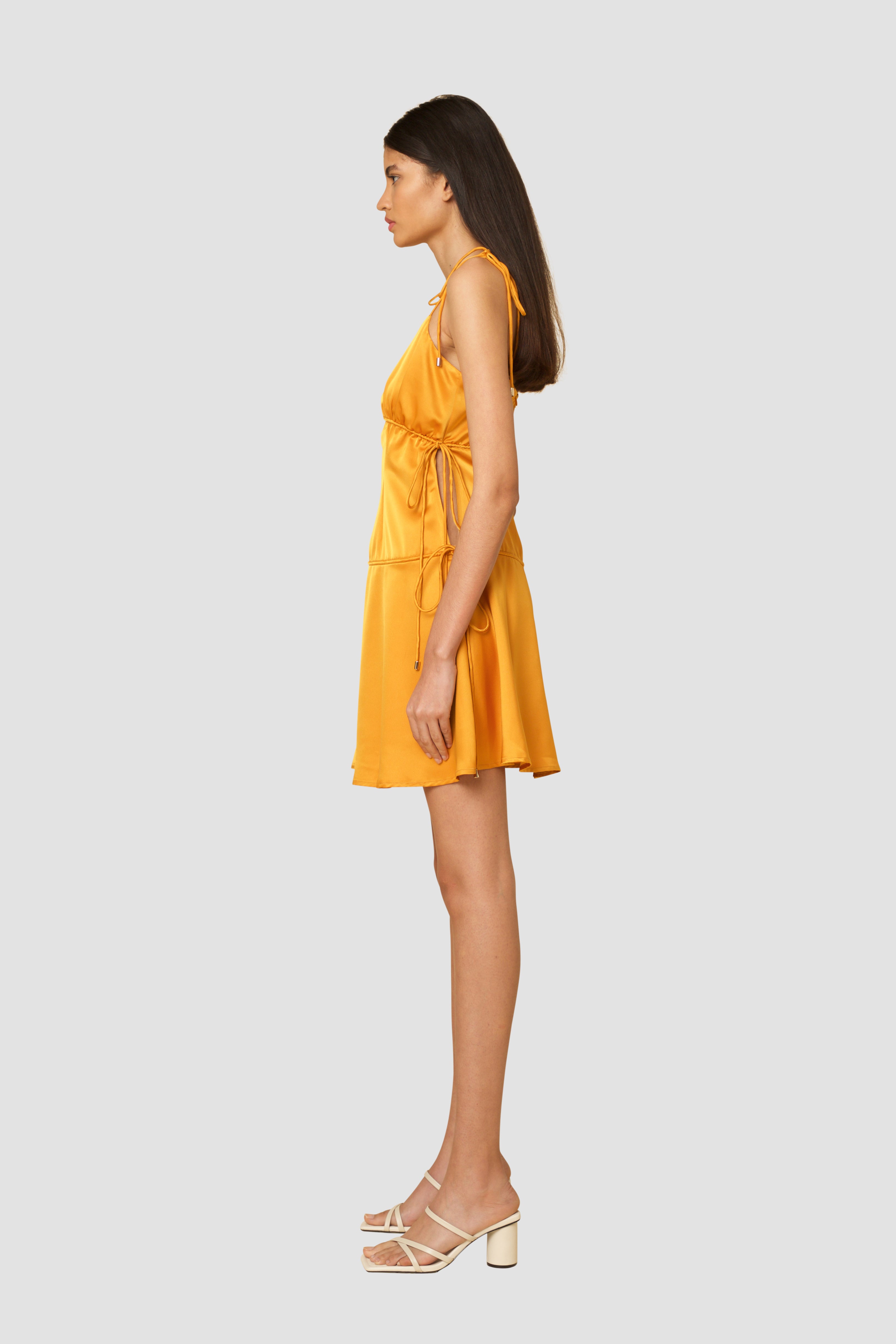 Clancy Orange Satin Slip Mini Dress with Tie Shoulders  | AMYLYNN