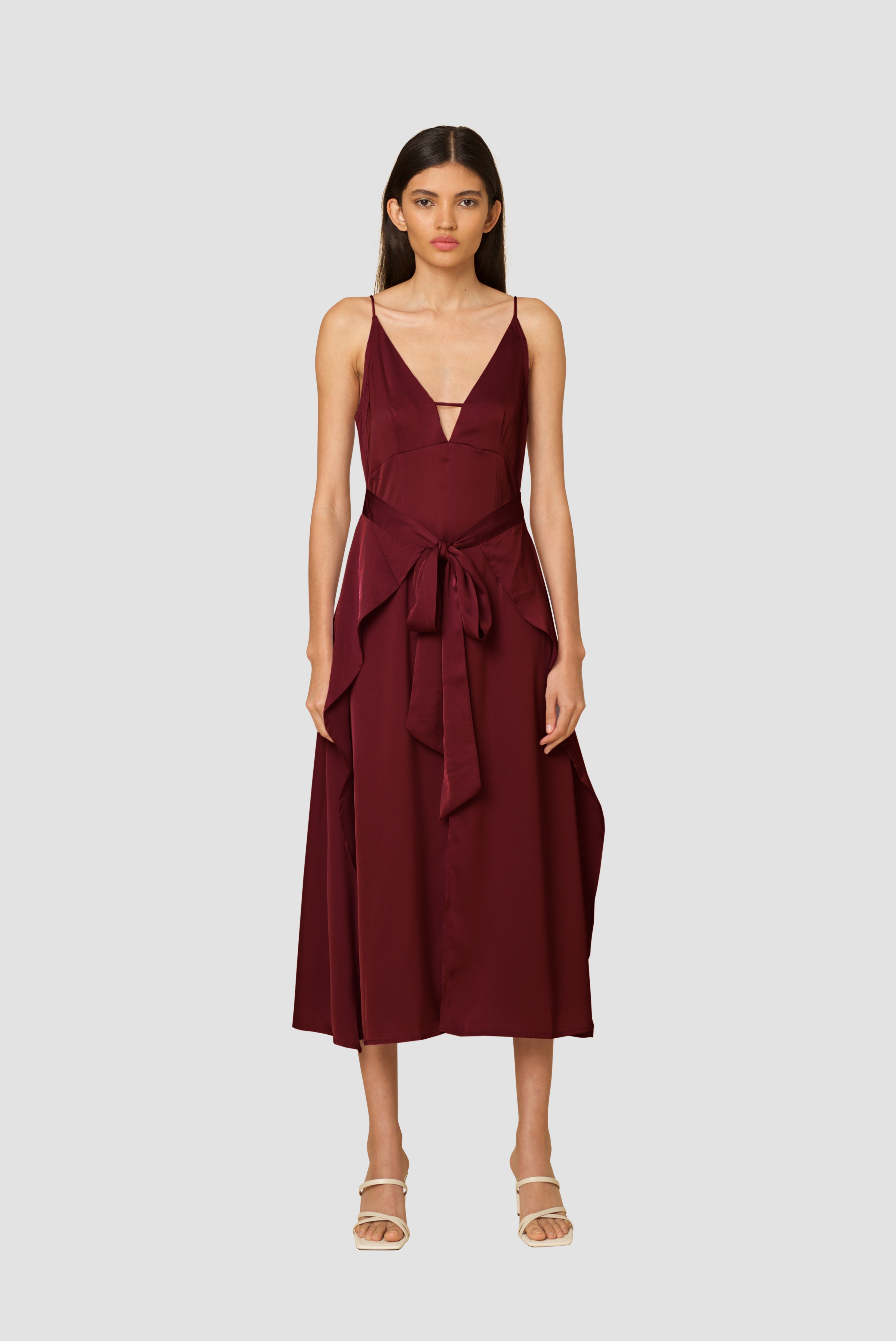 Jolie Burgundy Satin Slip Sleeveless Midi Dress