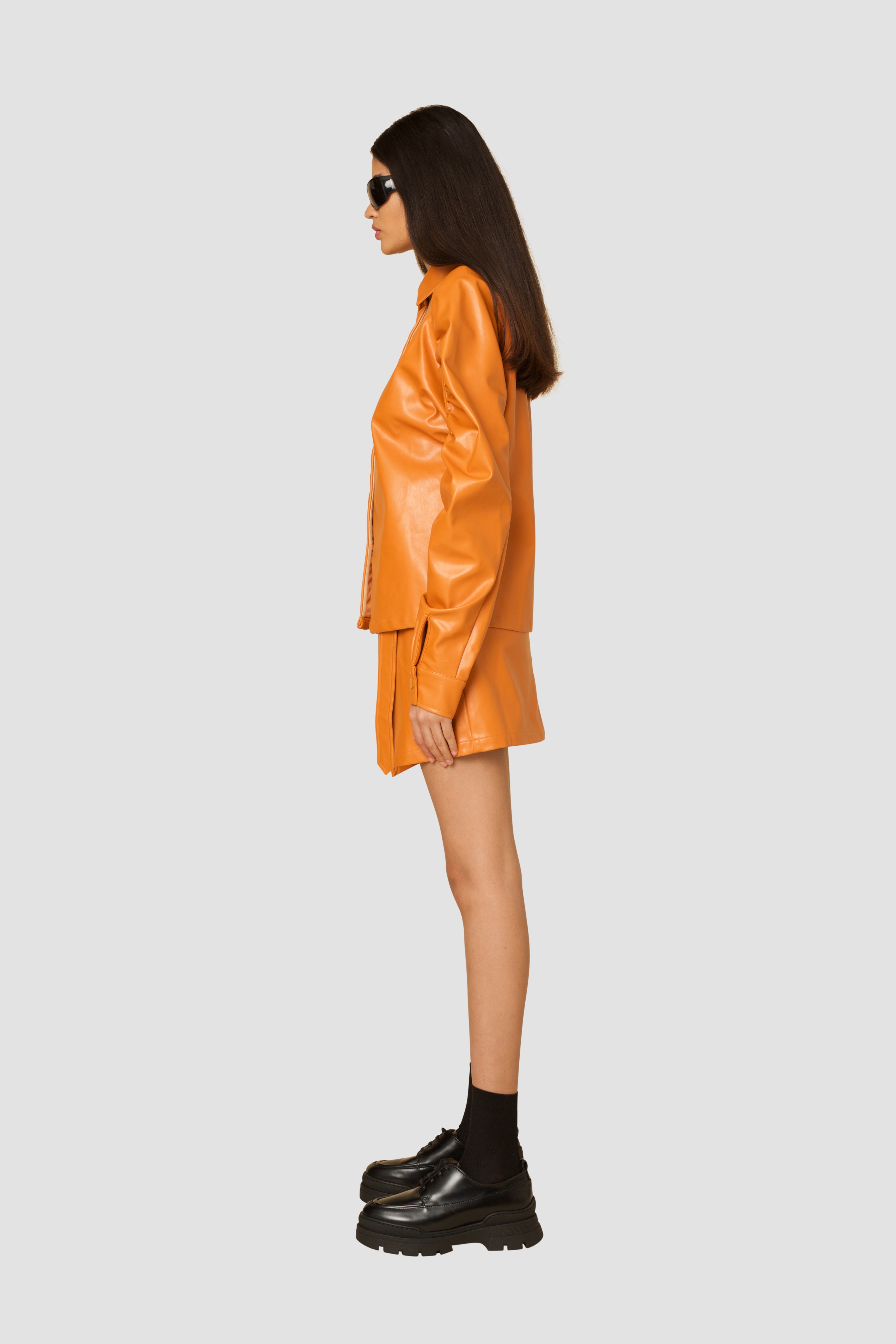 Bia Tan Faux Leather Ruched Sleeve Shirt