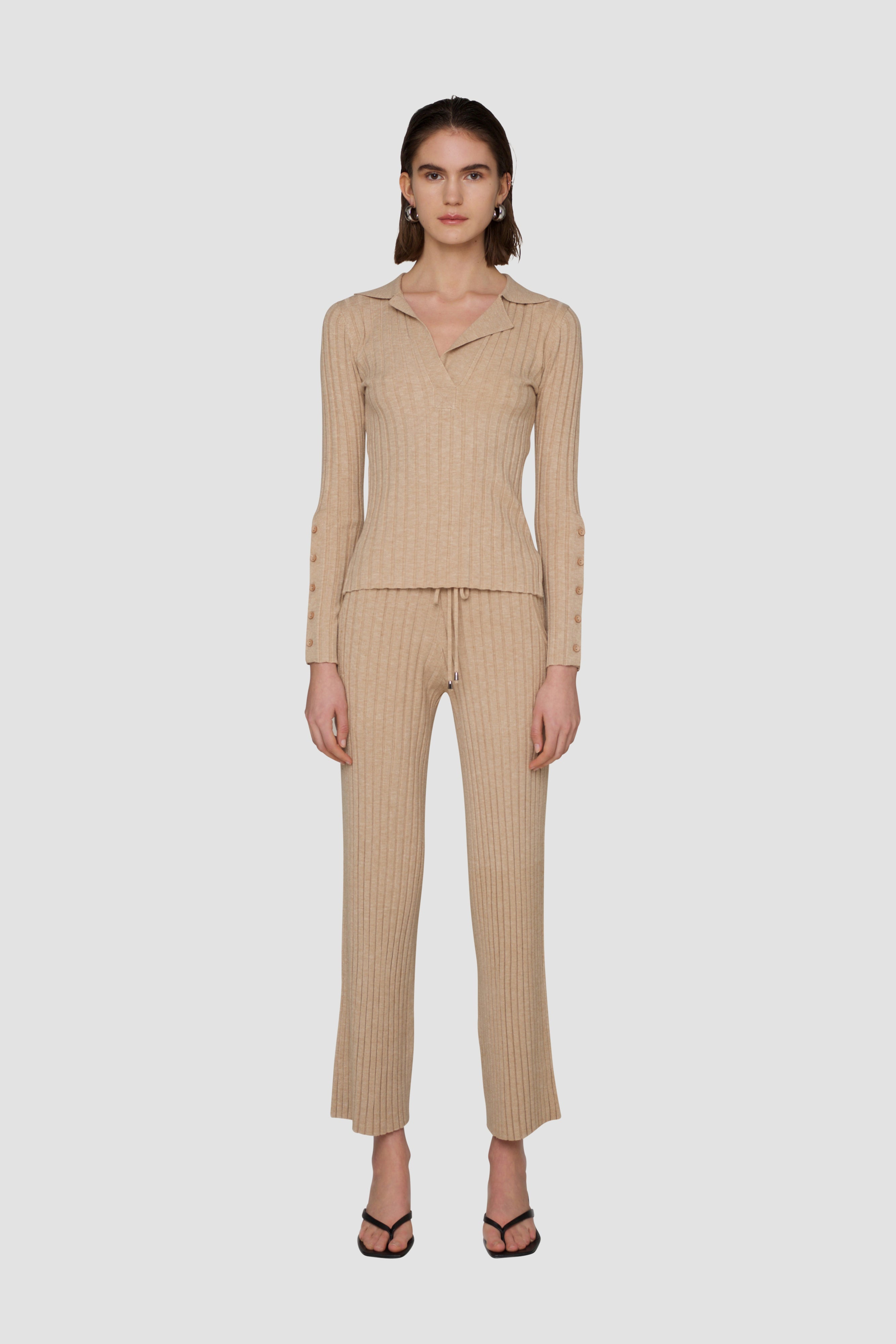 Lena Beige Ribbed Knit Trousers Co Ord | AMYLYNN