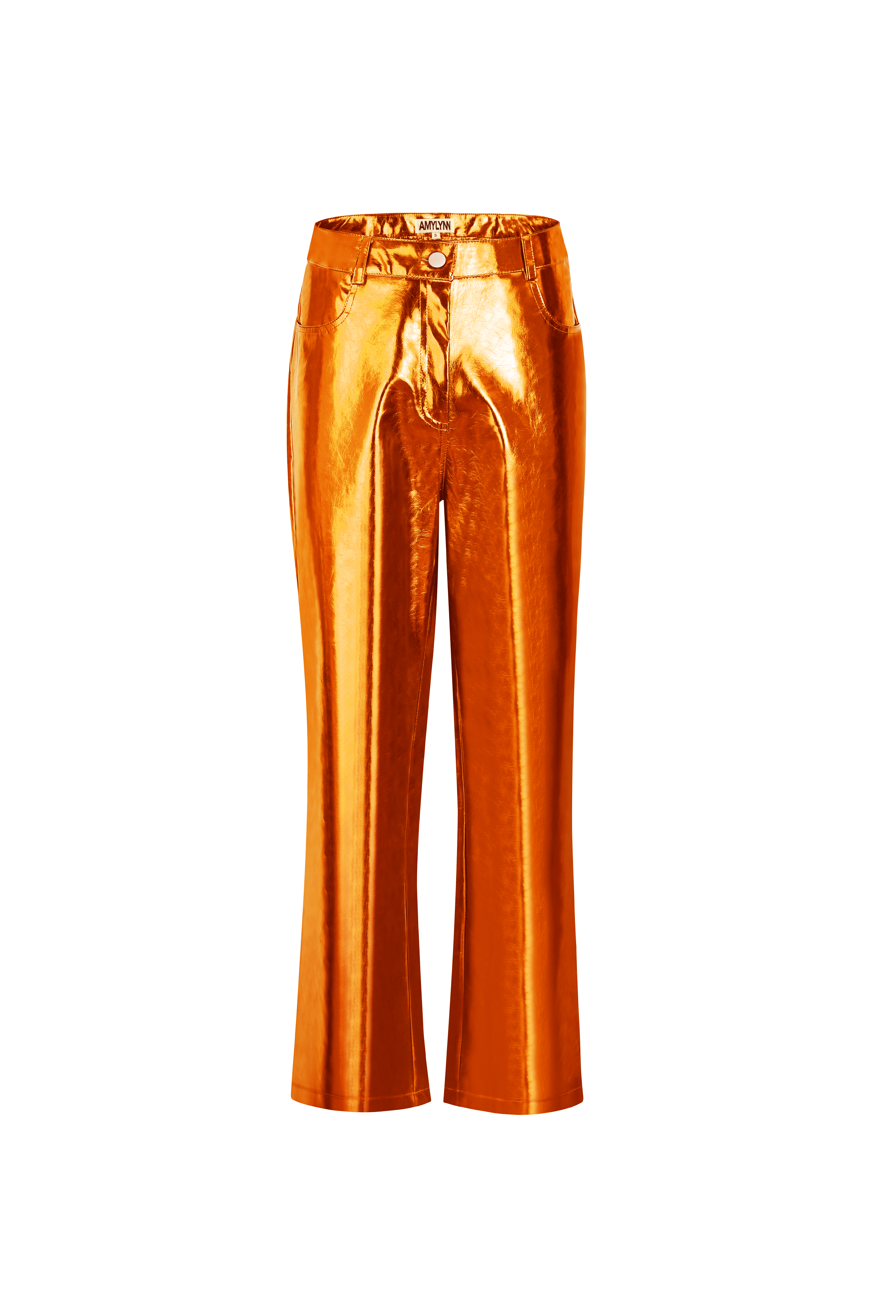 Lupe Shiny Orange Metallic PU High Waisted Straight Leg Trousers