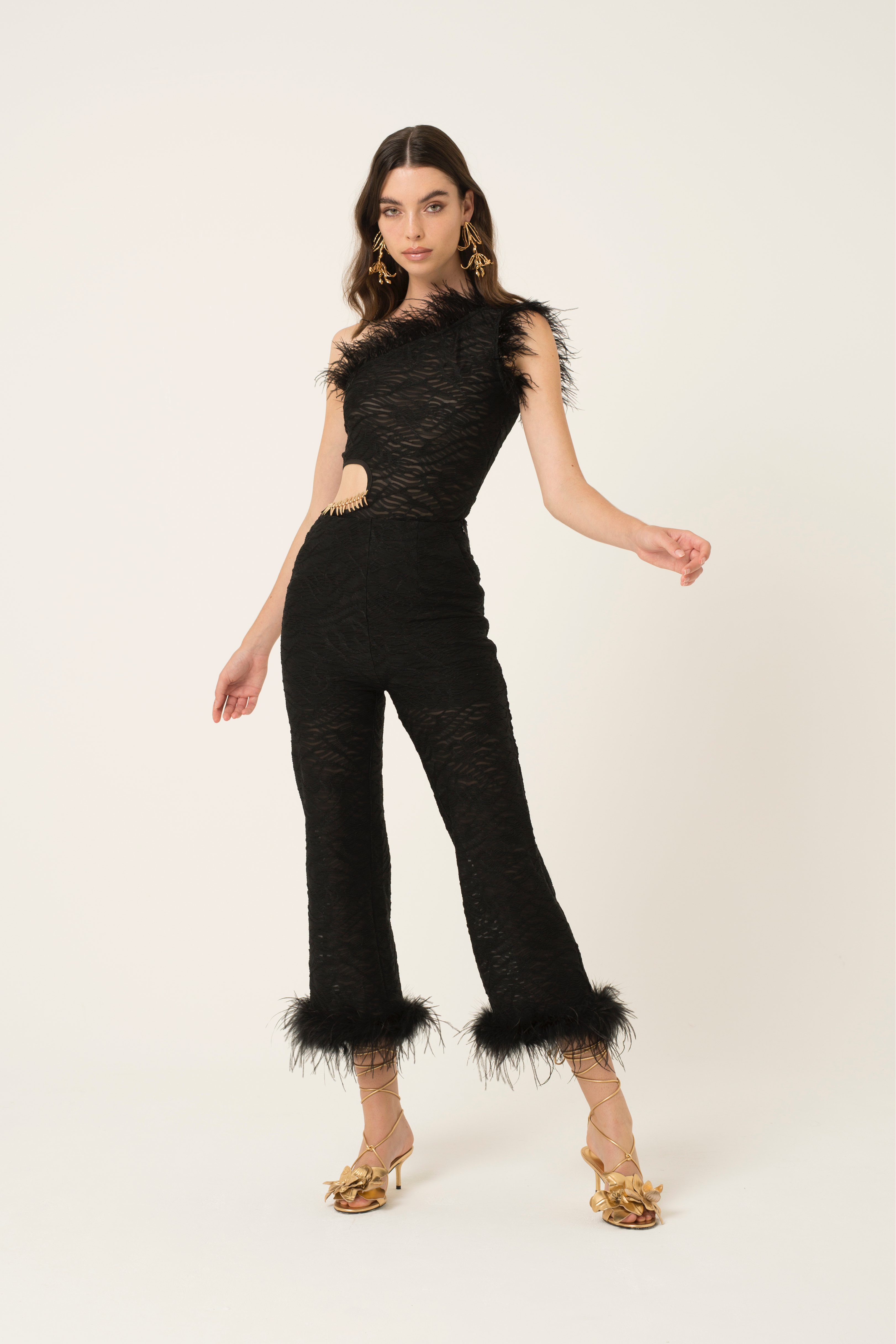 Anita Black Faux Feather Trim Cropped Trousers