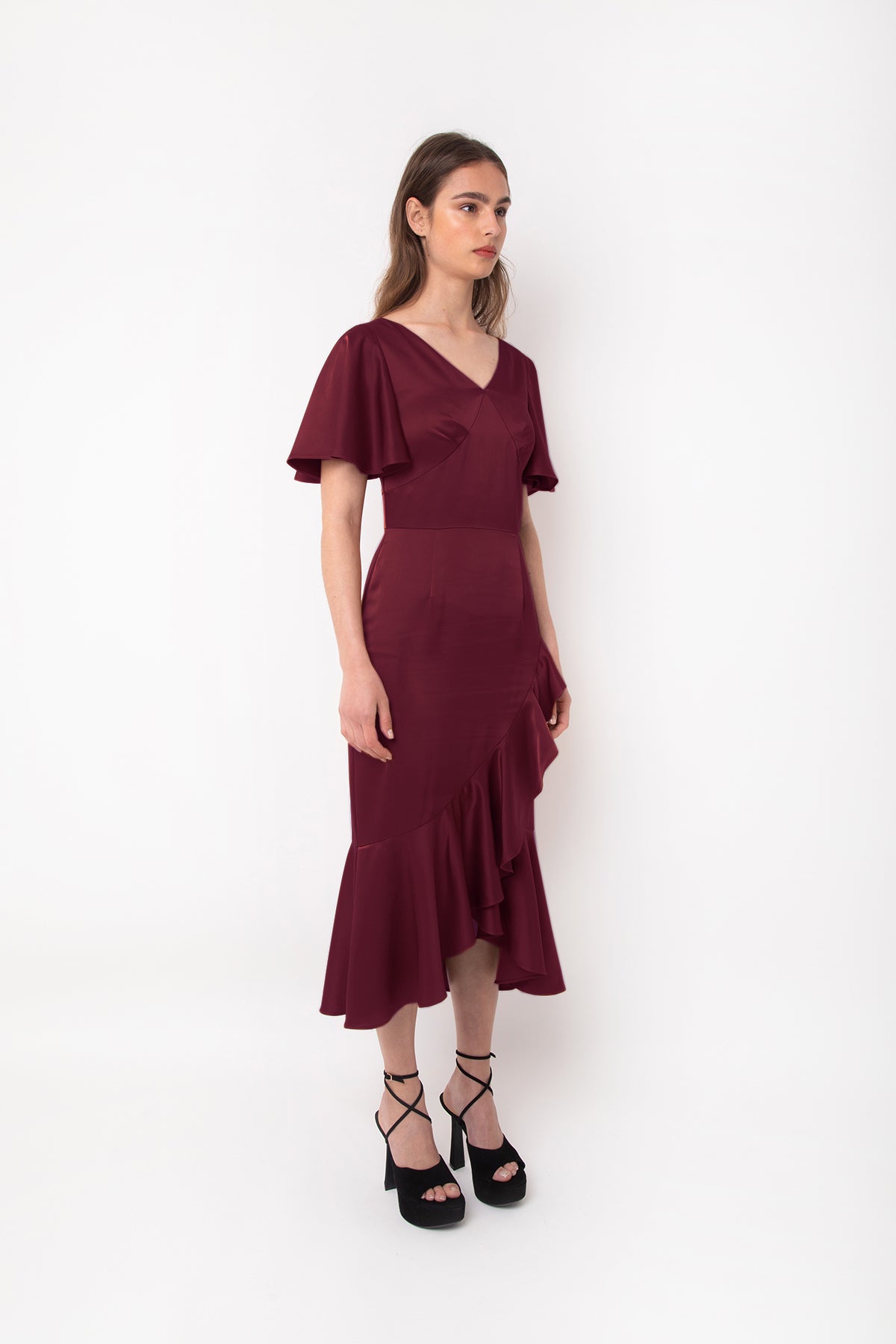 Eden Burgundy Satin Midi Tea Dress - An Elegant Style for Every Occasion | AmyLynn