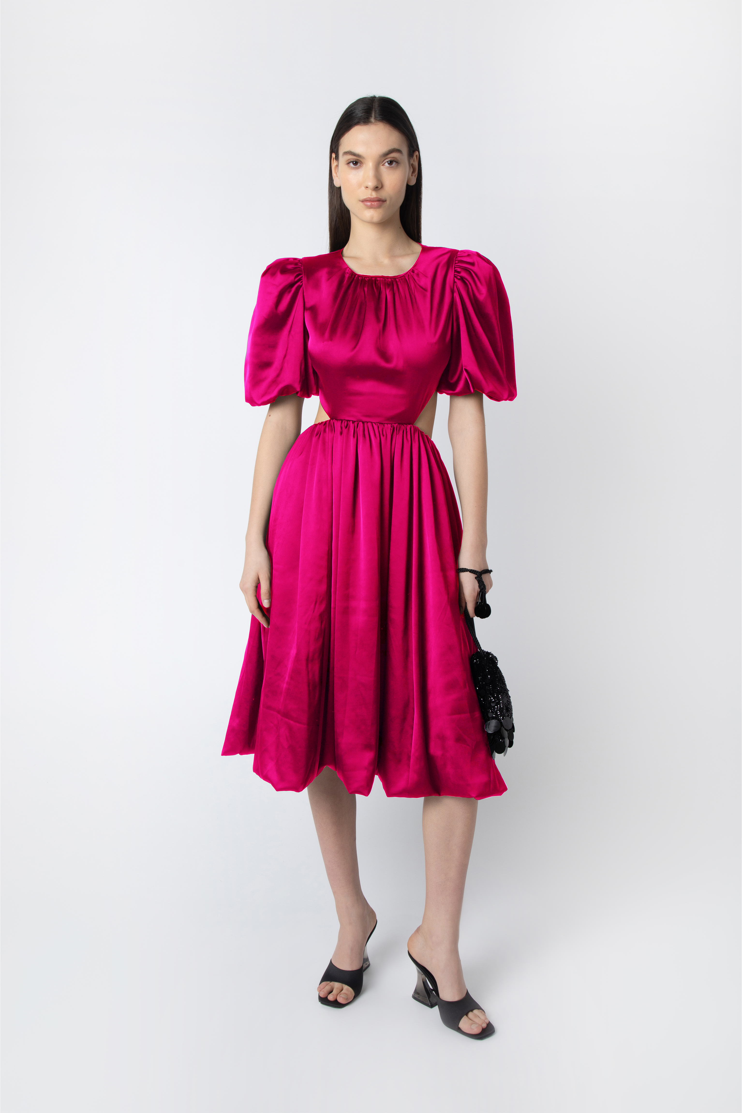 Alana Pink Satin Cut-out Pleated Skirt Dress | AMYLYNN