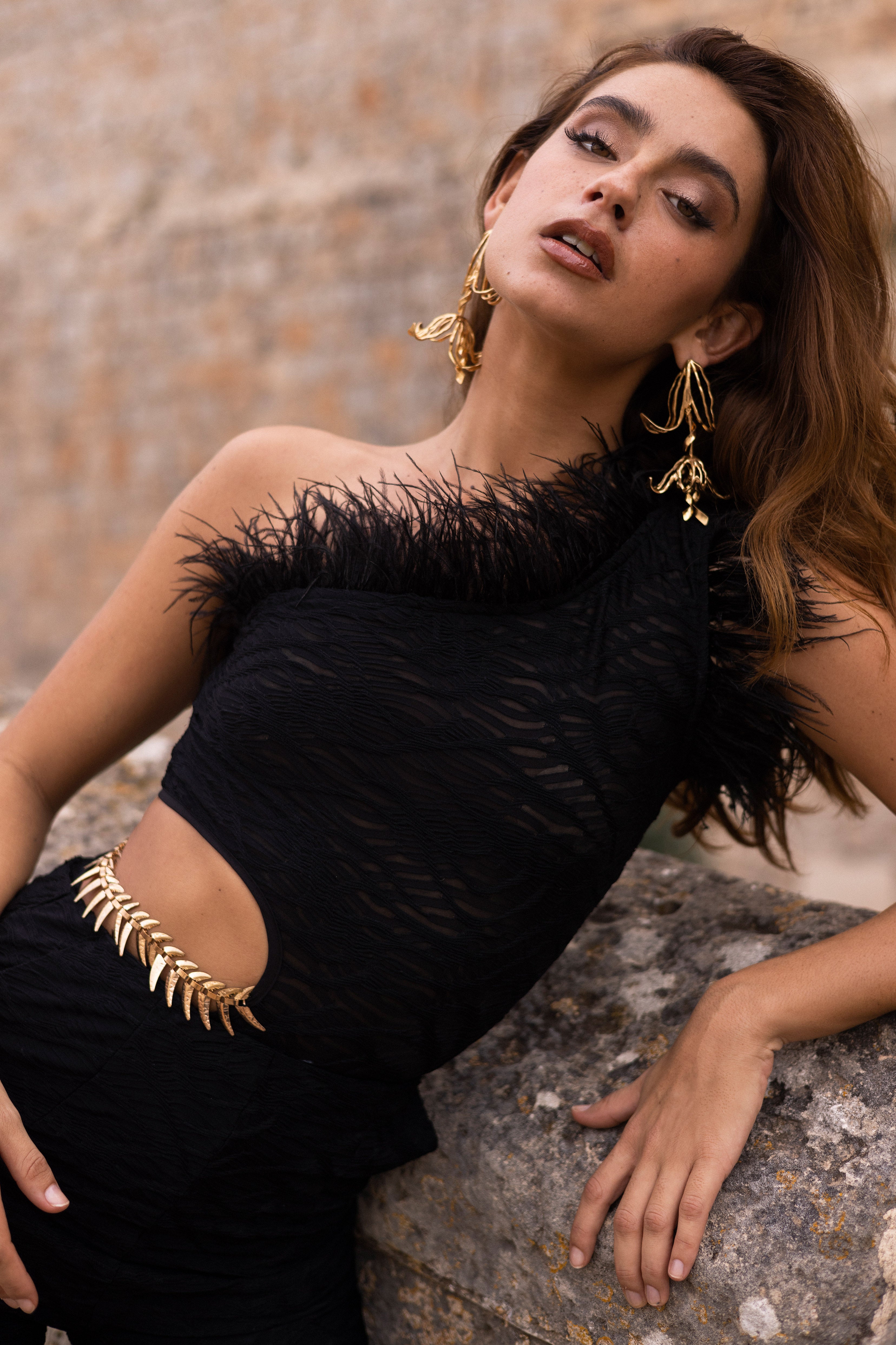 Danica Black Feather Trim Asymmetric Bodysuit