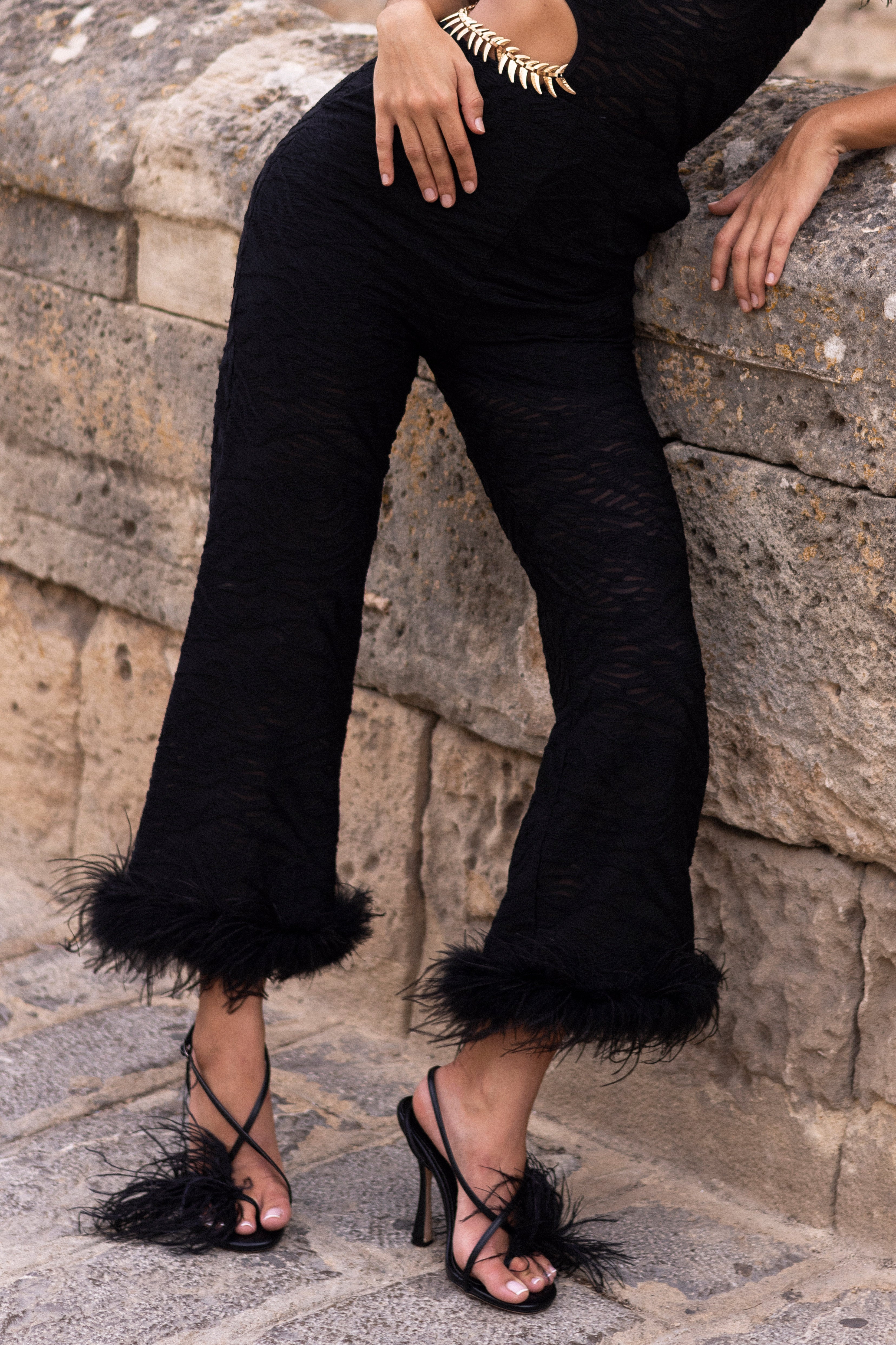 Anita Black Faux Feather Trim Cropped Trousers