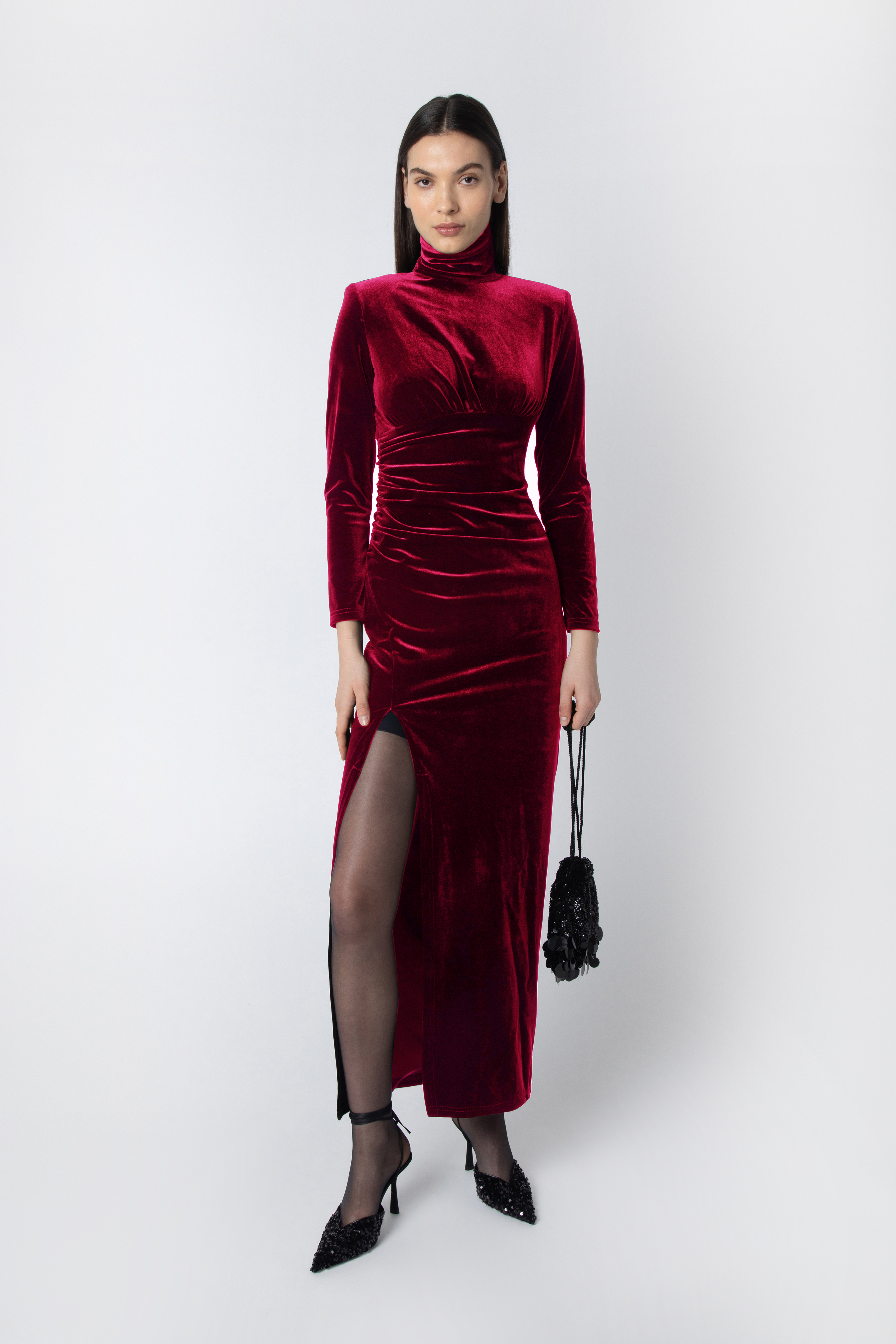 Sharron Burgundy Velvet High-neck Front Slit Midi Dress - Elegant Occasion-wear | AMYLYNN