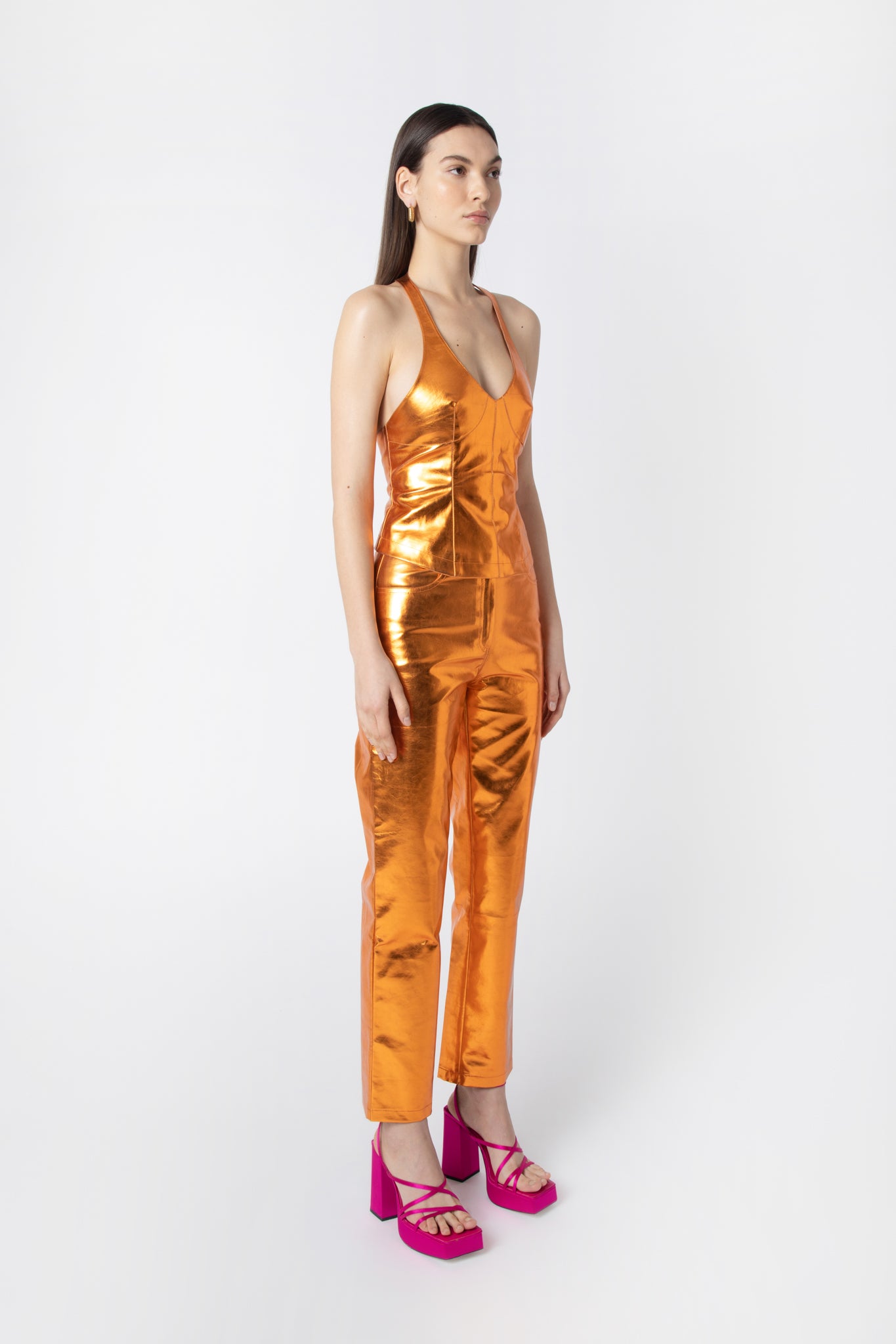 Lupe Shiny Orange Metallic PU High Waisted Straight Leg Trousers
