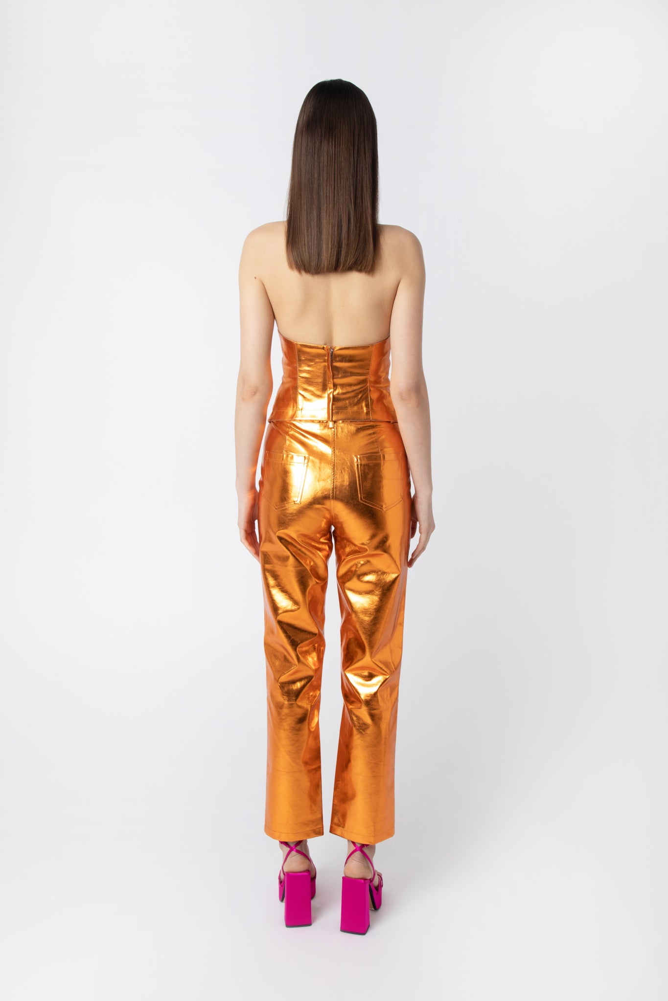 Lupe Shiny Orange Metallic PU High Waisted Straight Leg Trousers