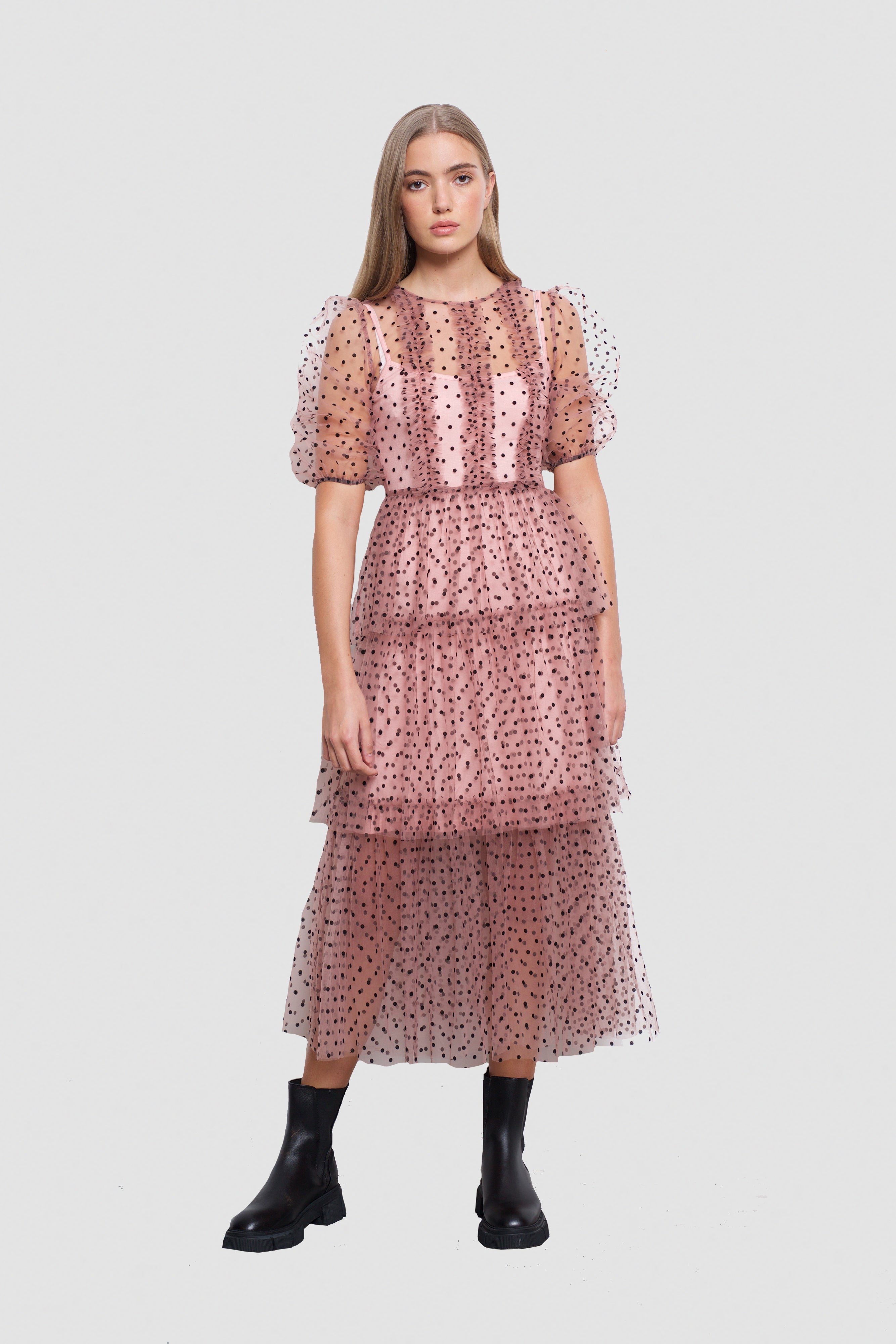 Annie Pink Spot Mesh Ruffle Tiered Midi Dress | AMYLYNN