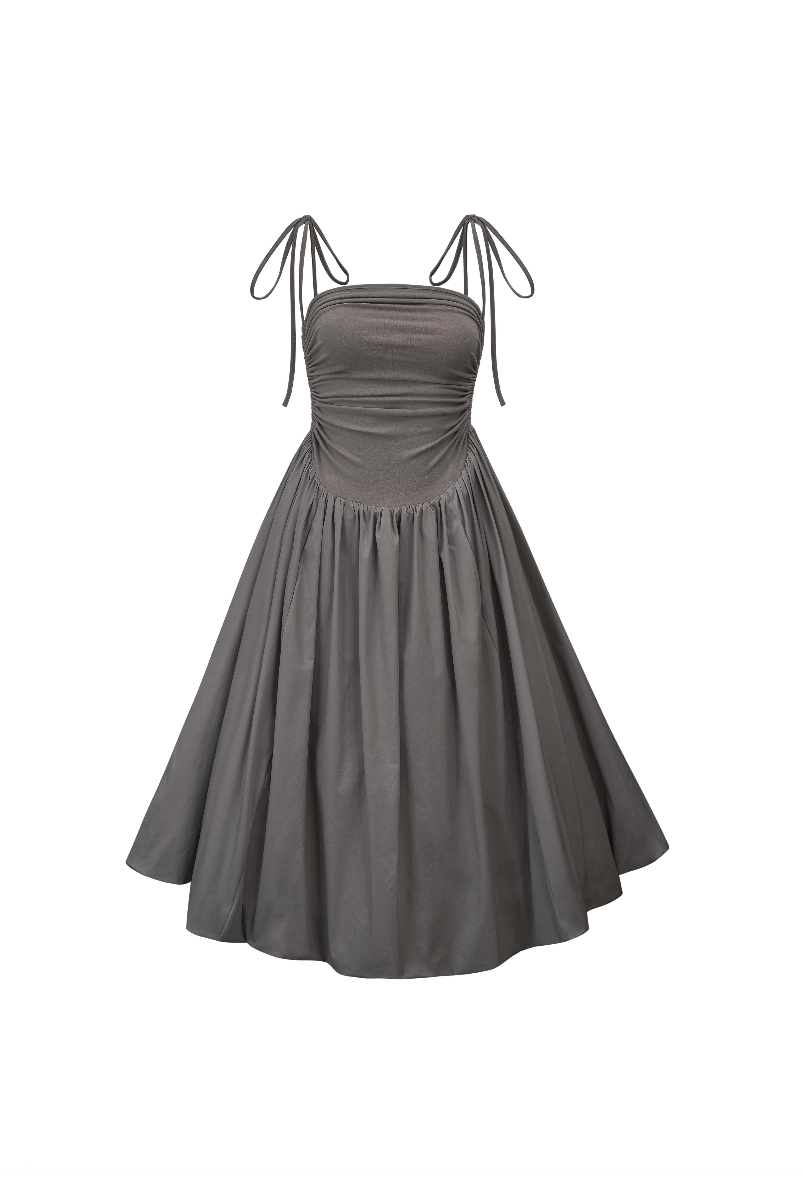 Alexa Dark Grey Puffball Cotton Stretch Midi Dress | AmyLynn