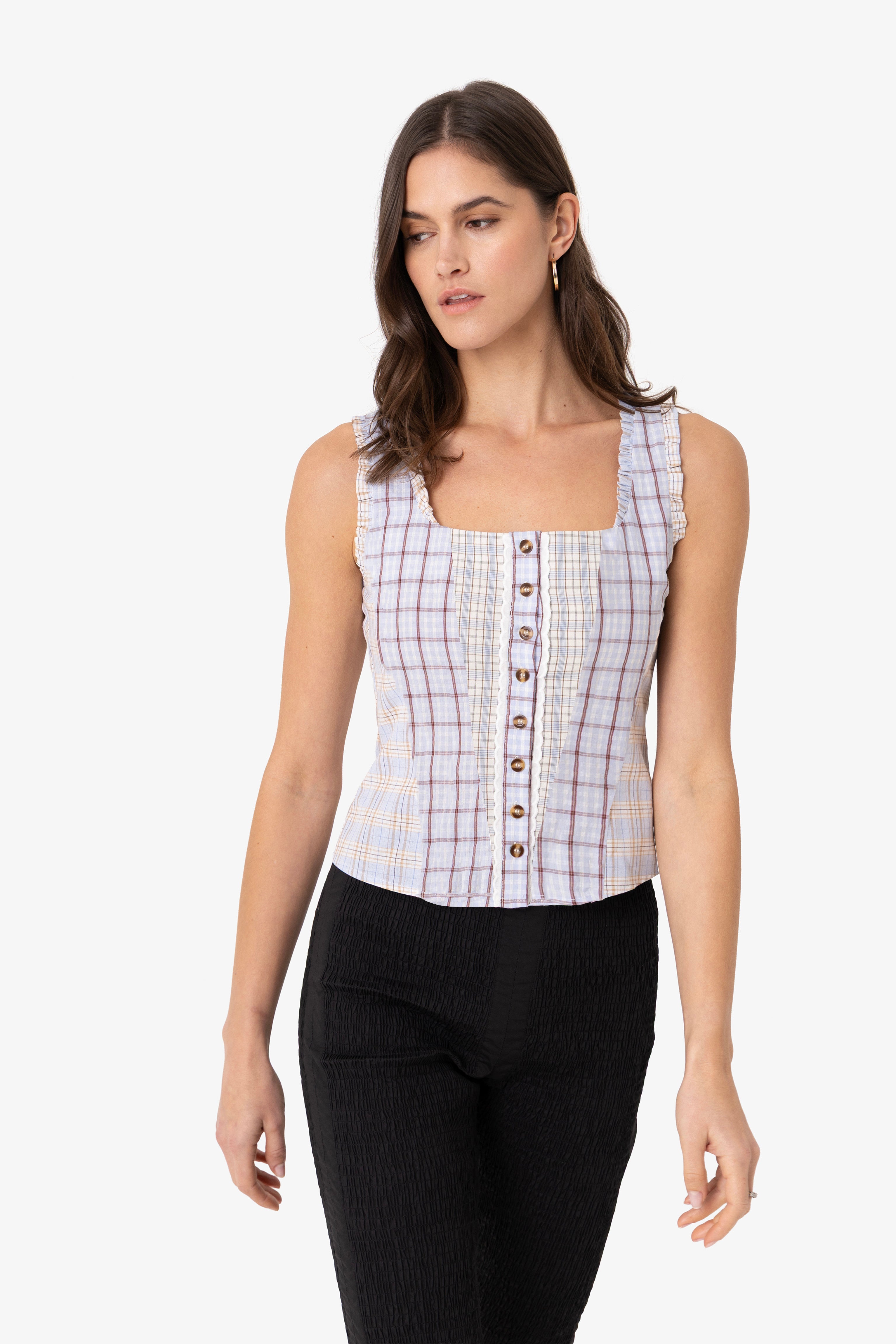 Brittany Multi Check Cotton Blend Frill Top