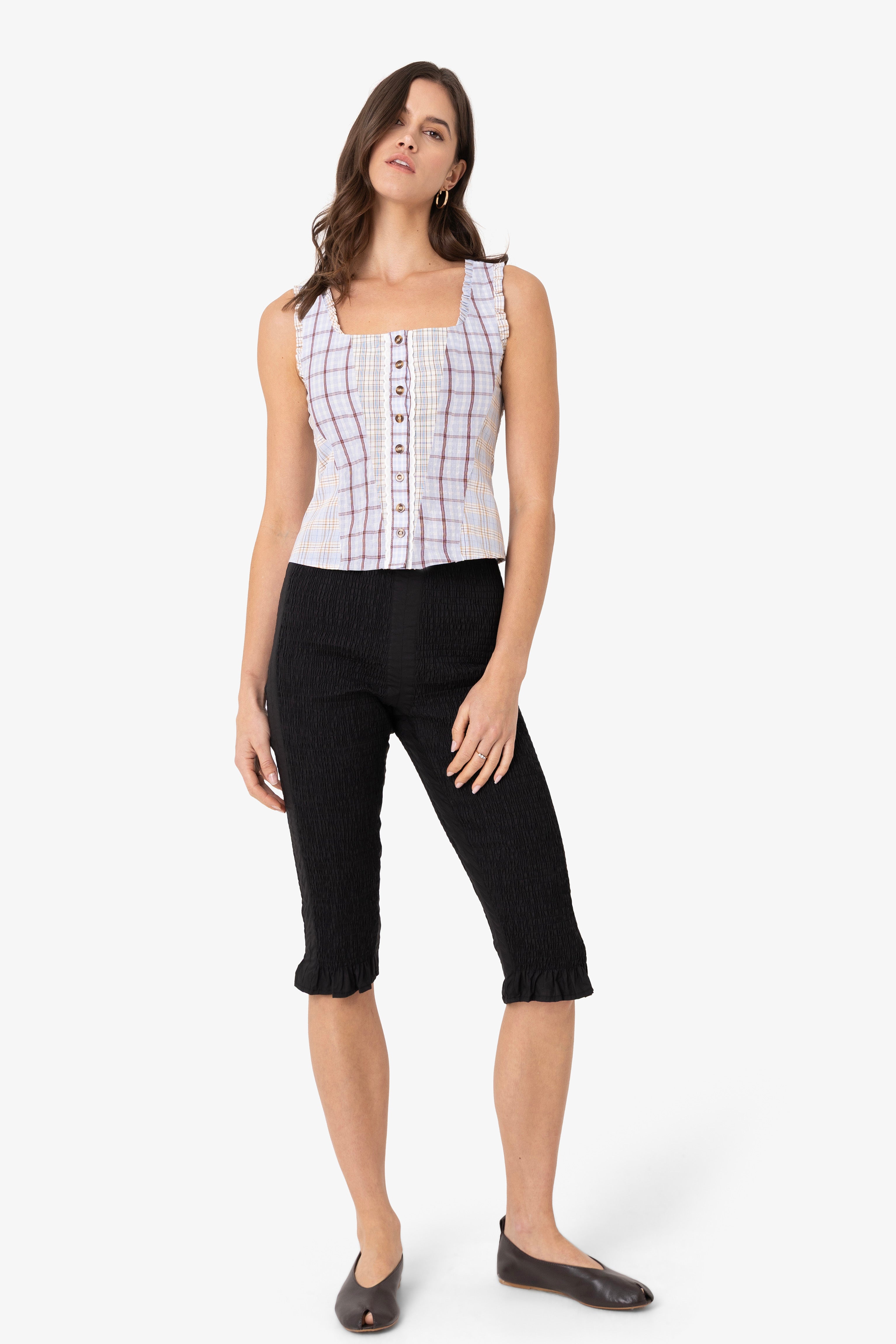 Brittany Multi Check Cotton Blend Frill Top