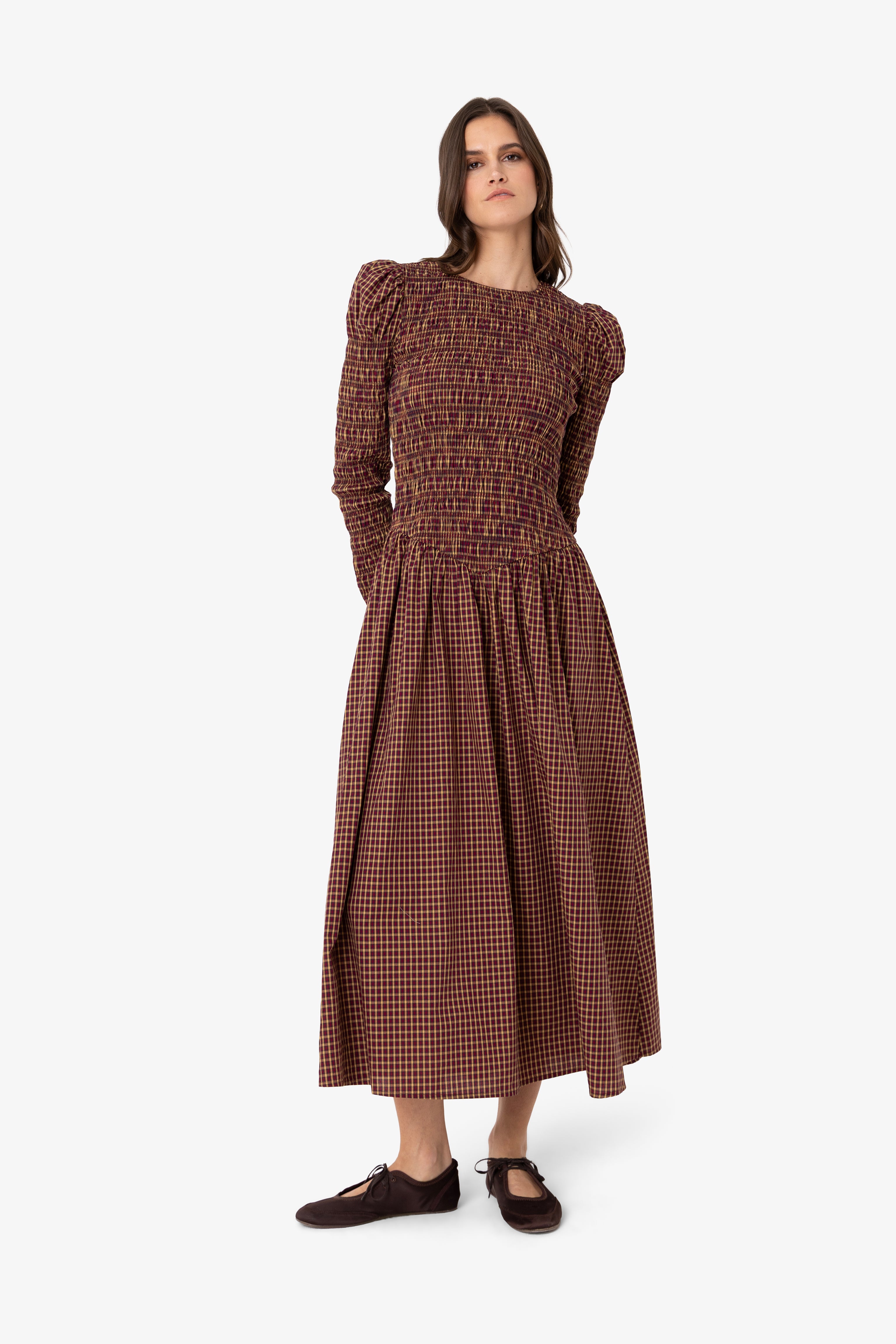 Cara Smocked Cotton Midiaxi Dress in Multi Gingham Check