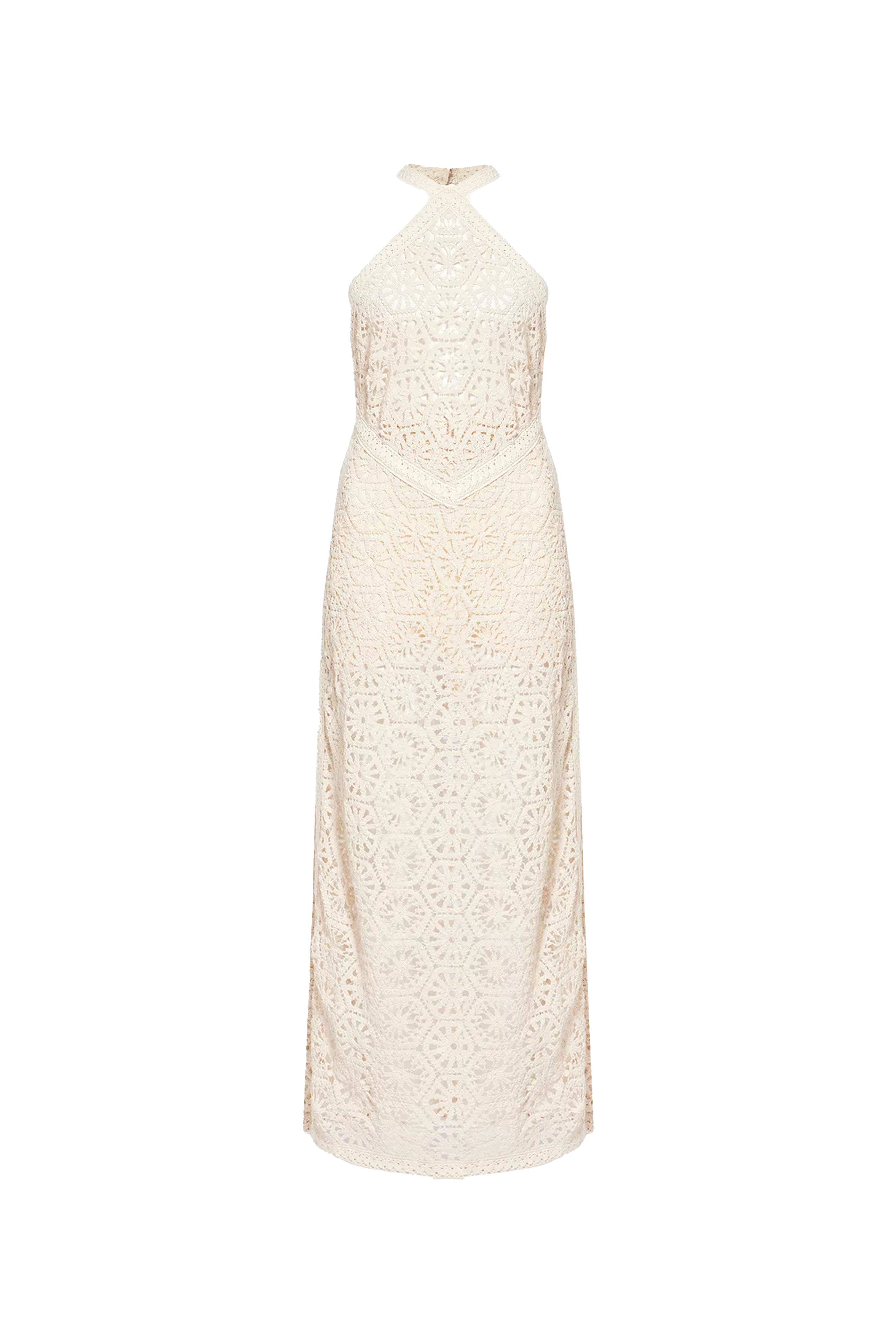 Tuscany Beige Crochet Halter Maxi Dress
