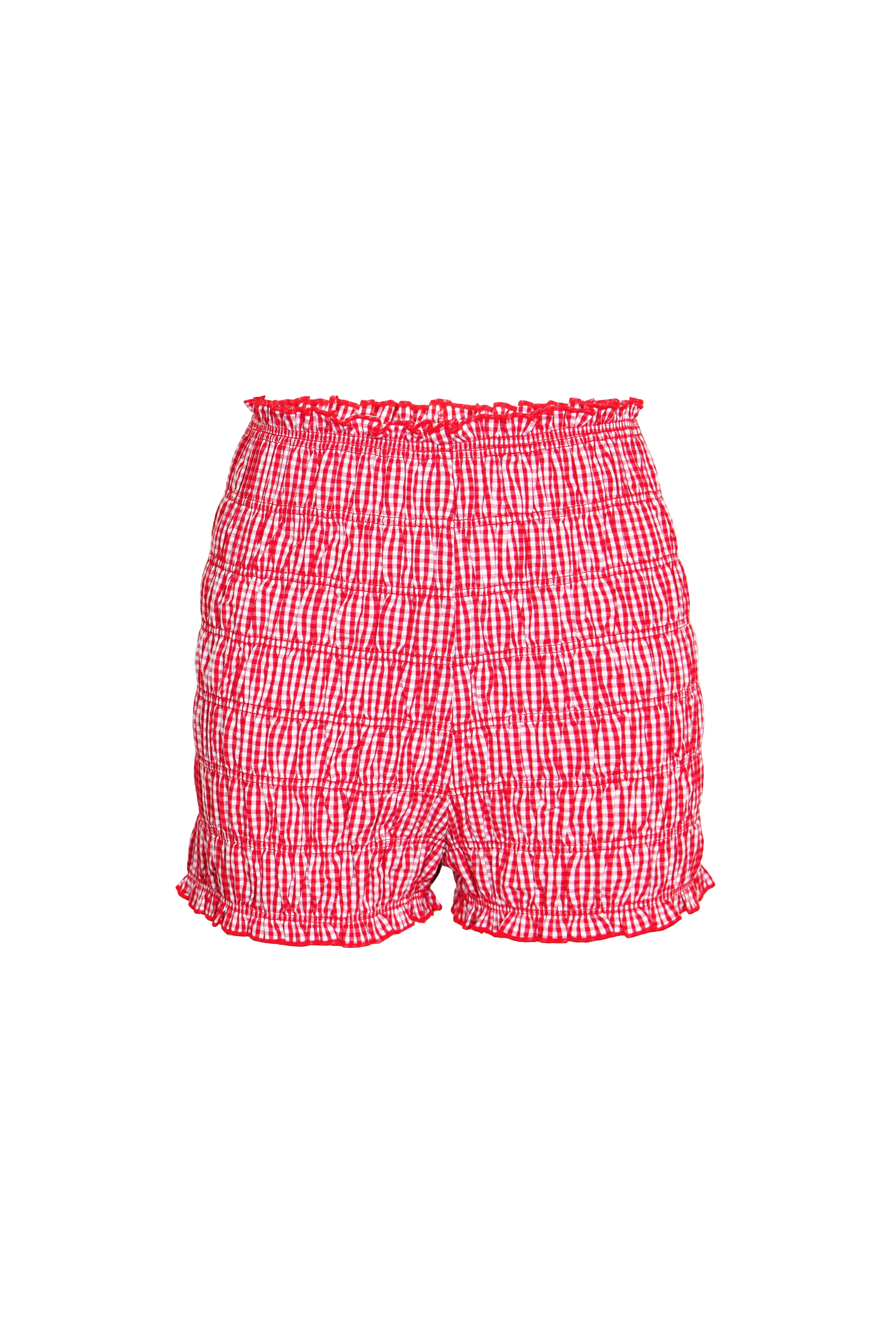 Danica Red Cotton Gingham Shirrerd Shorts