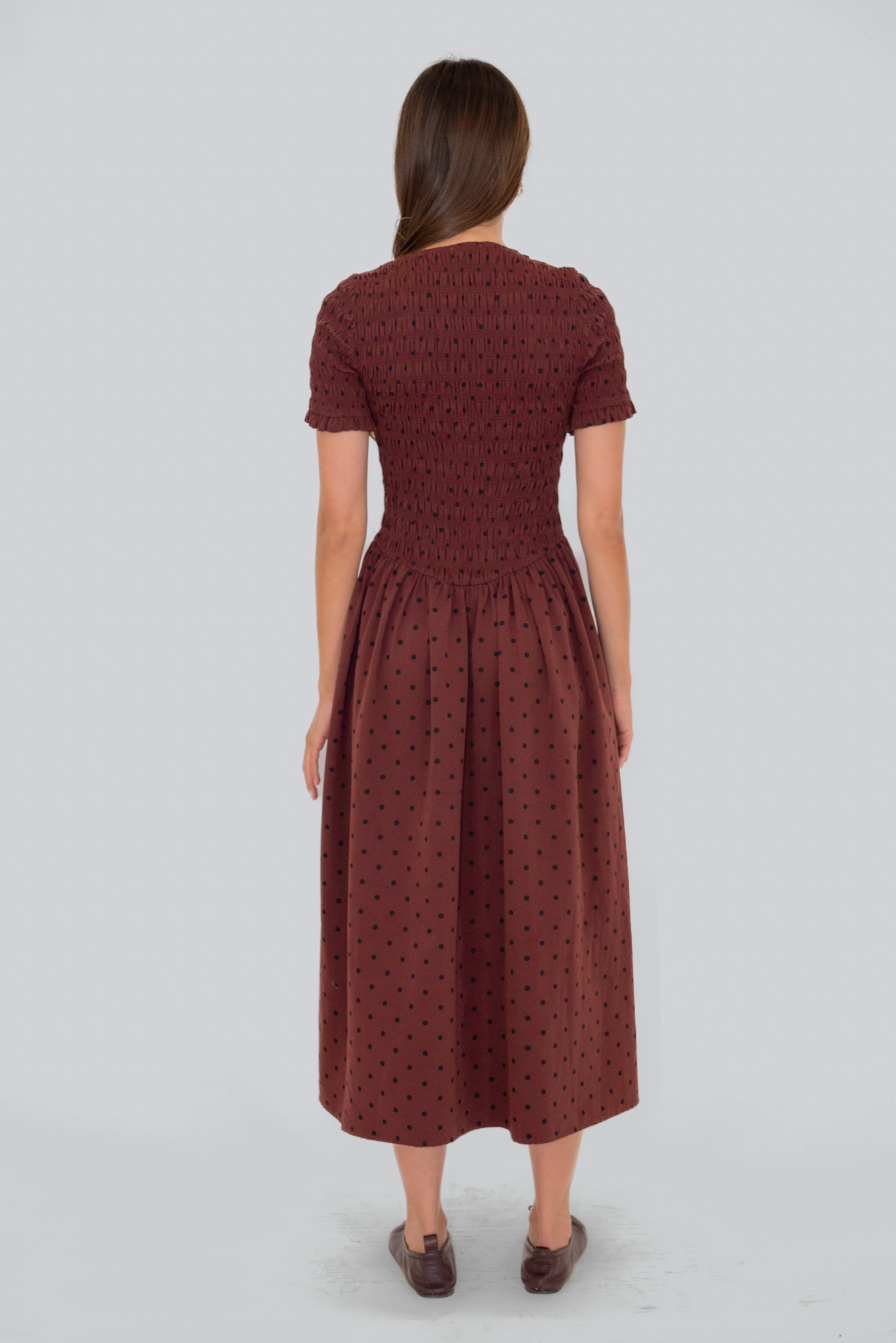 Beatrix Smocked Plum Polka Dot Midi Dress