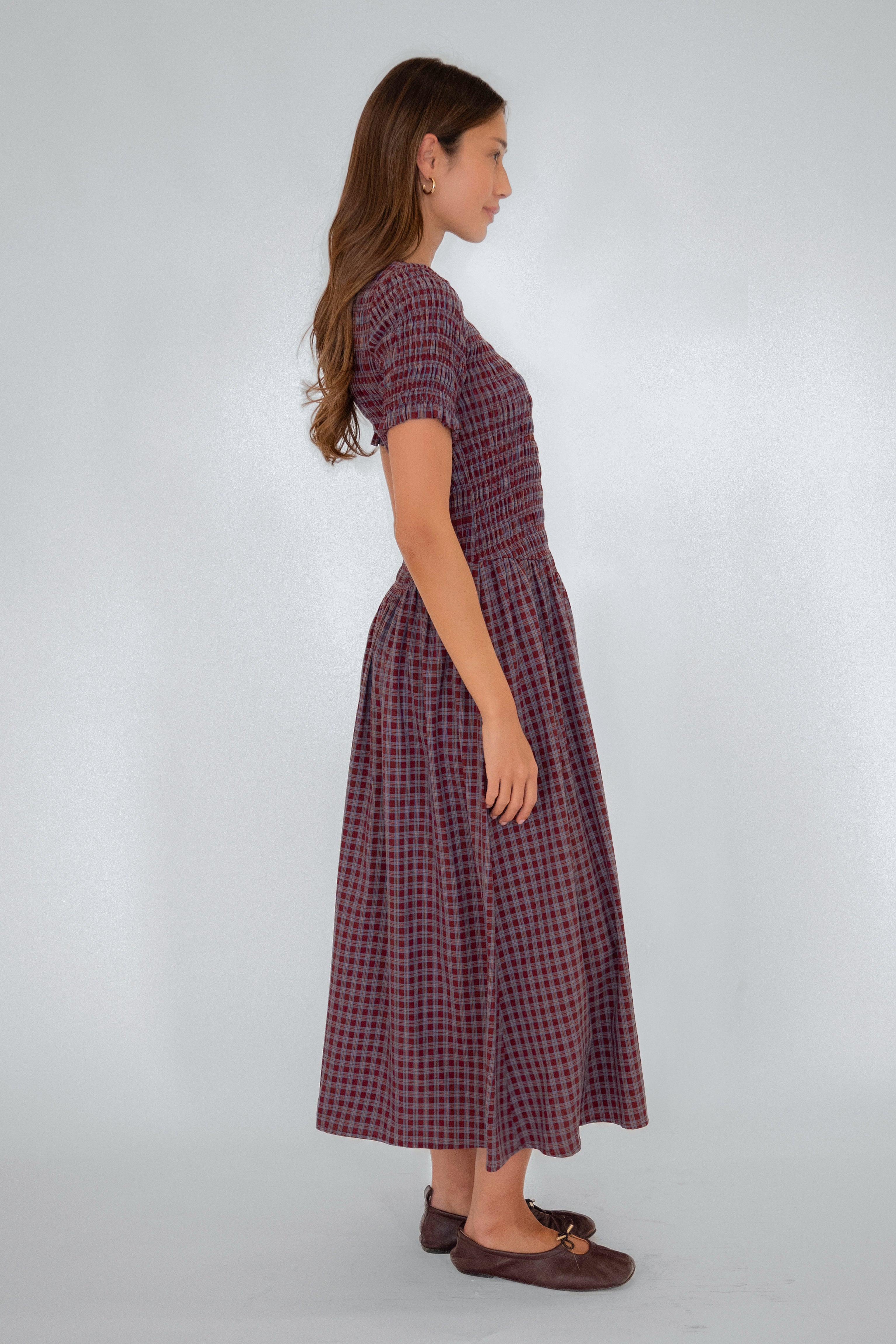 Beatrix Smocked Grape Plaid Midi Dress