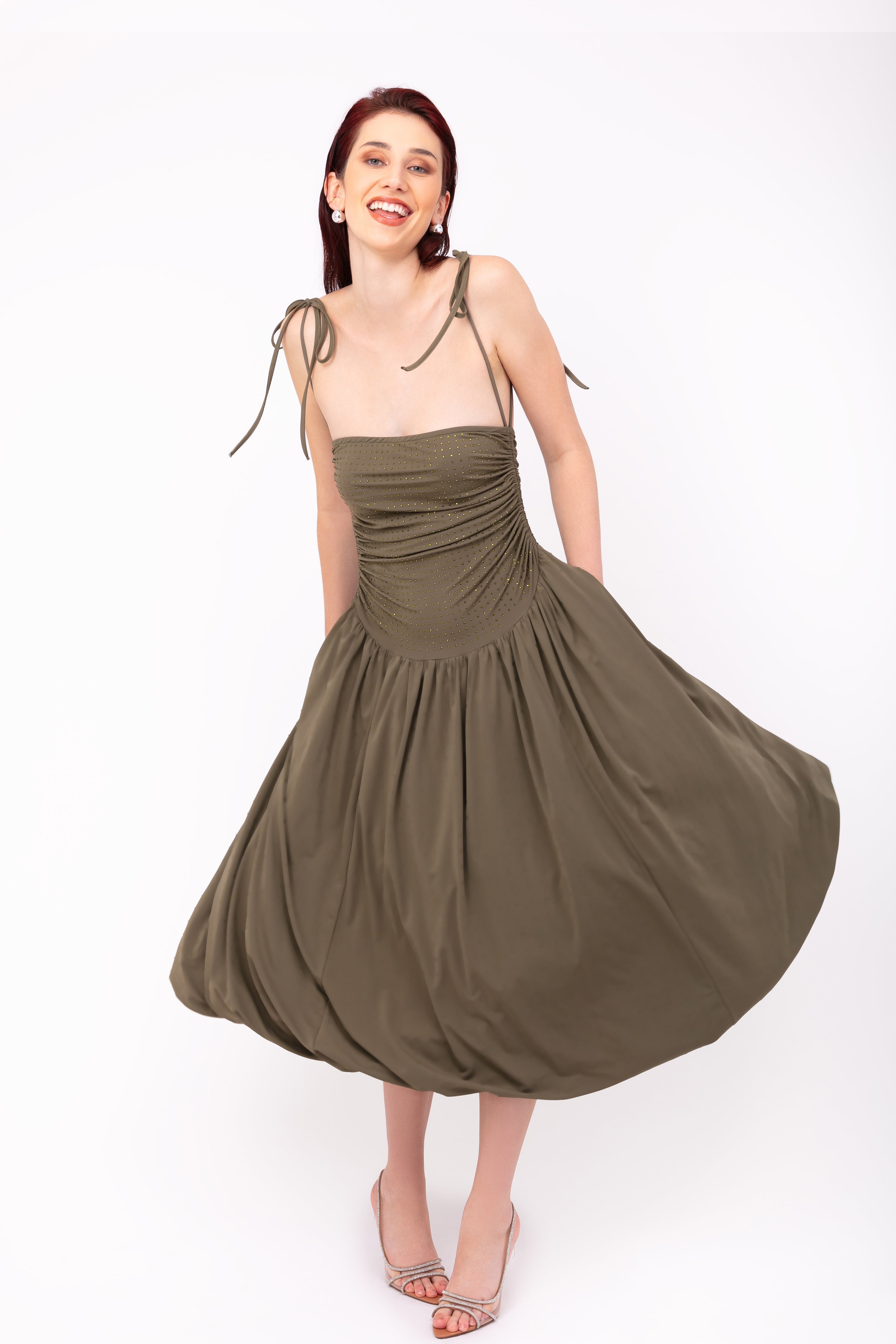 Alexa Khaki Rhinestone Embellished Puffball Dress