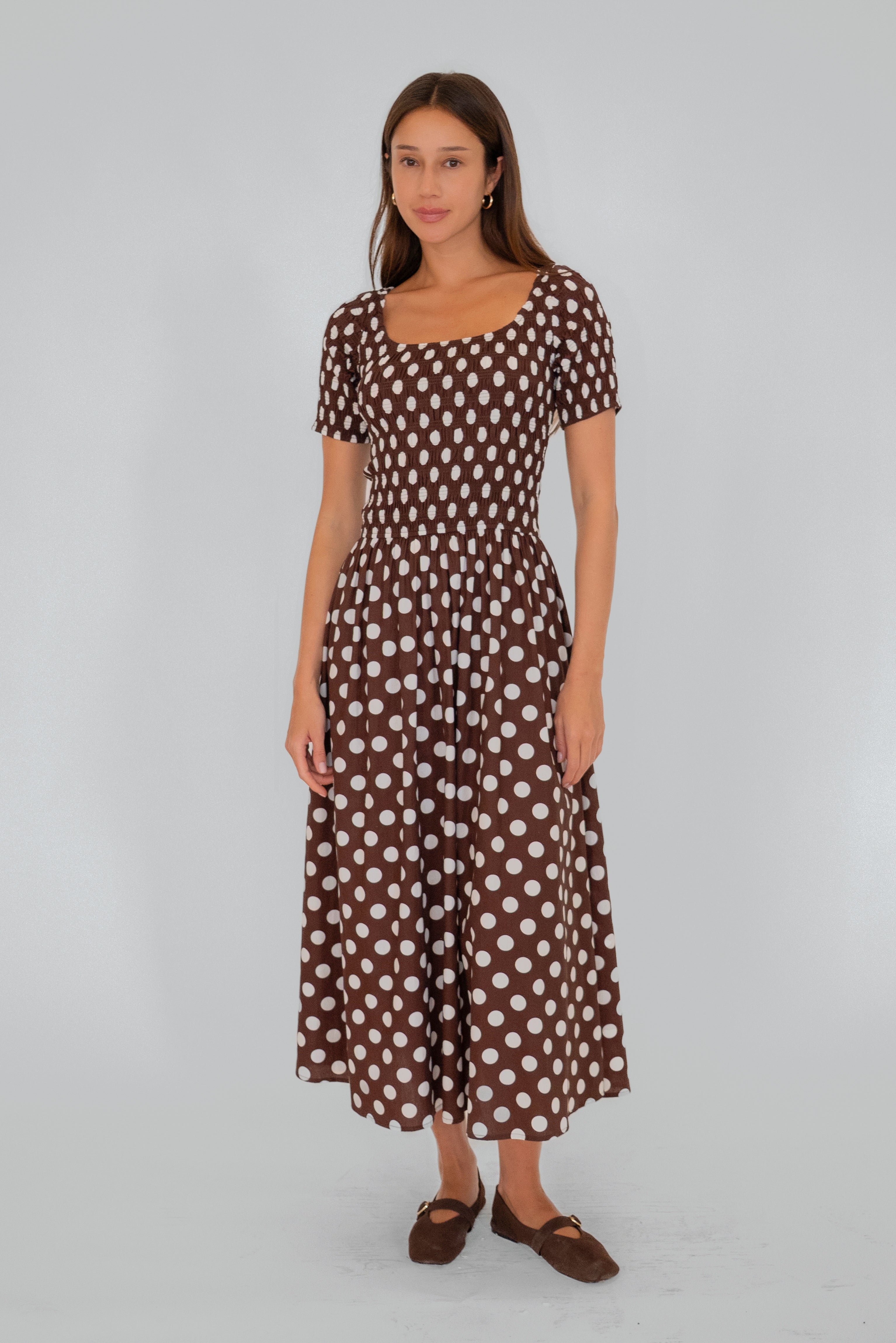 Matilda Pure Cotton Brown Polka Dot Midi Dress