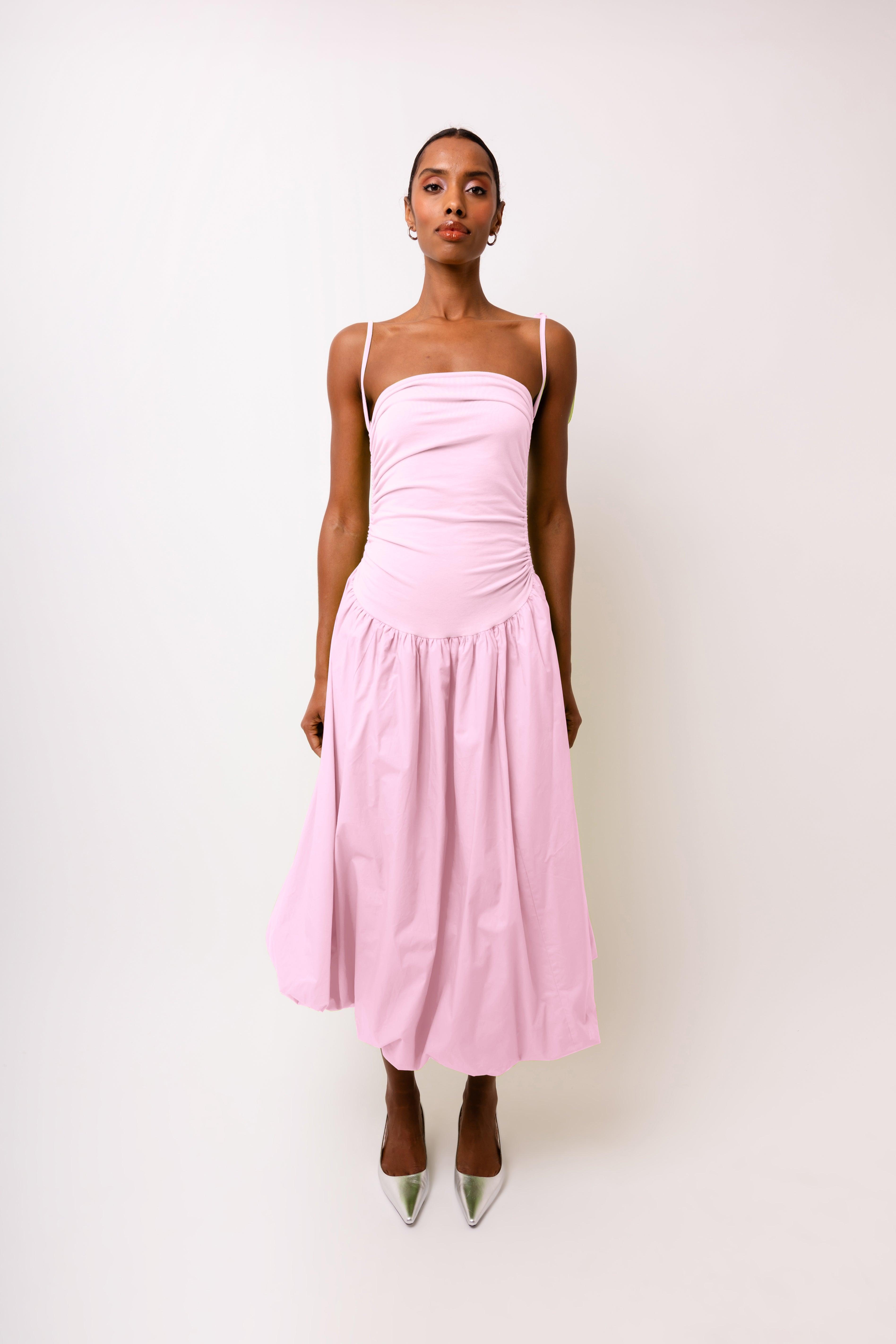 Alexa Light Pink Puffball Cotton Stretch Midi Dress | AmyLynn