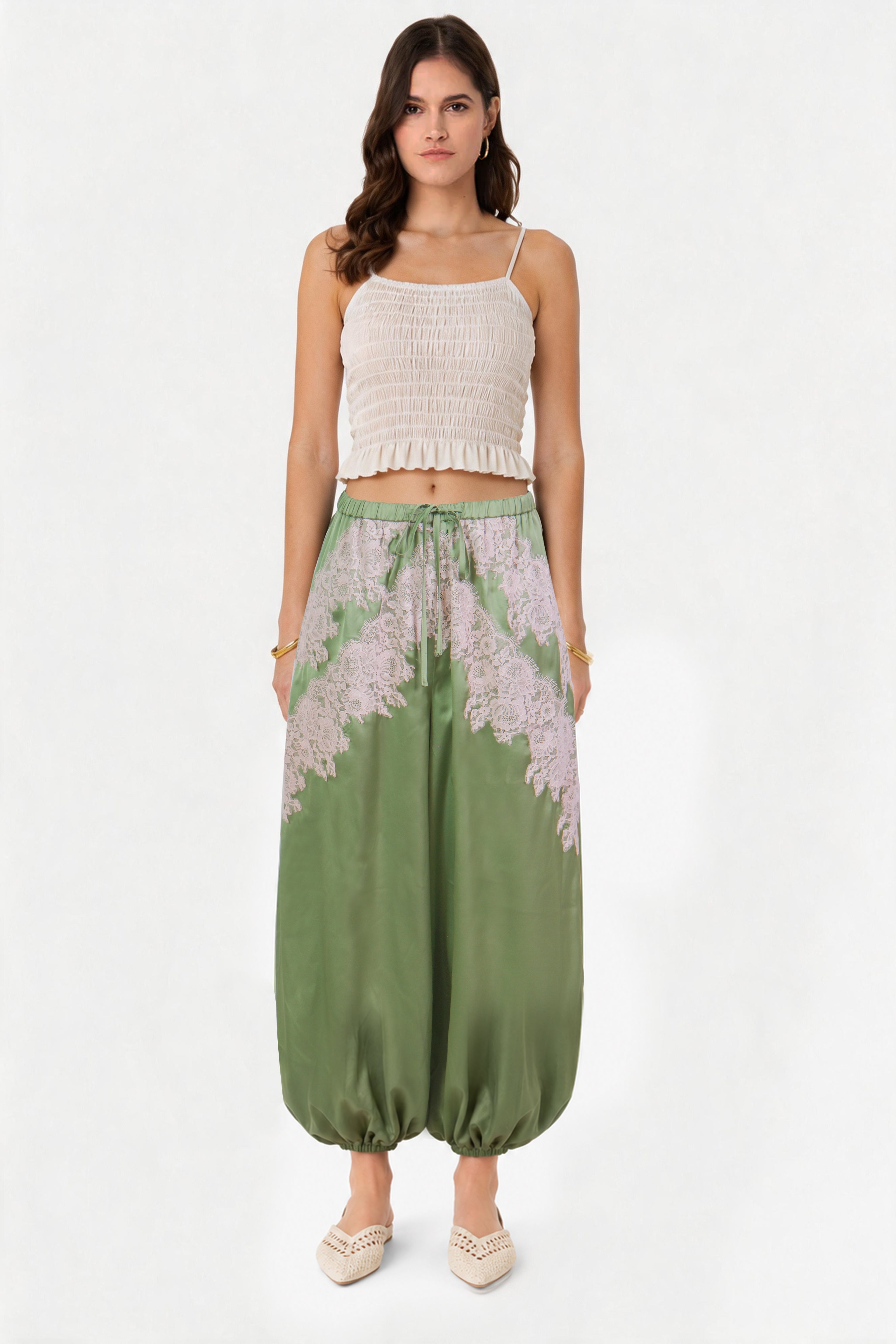 Emmie Lace-Detail Satin Balloon Trousers