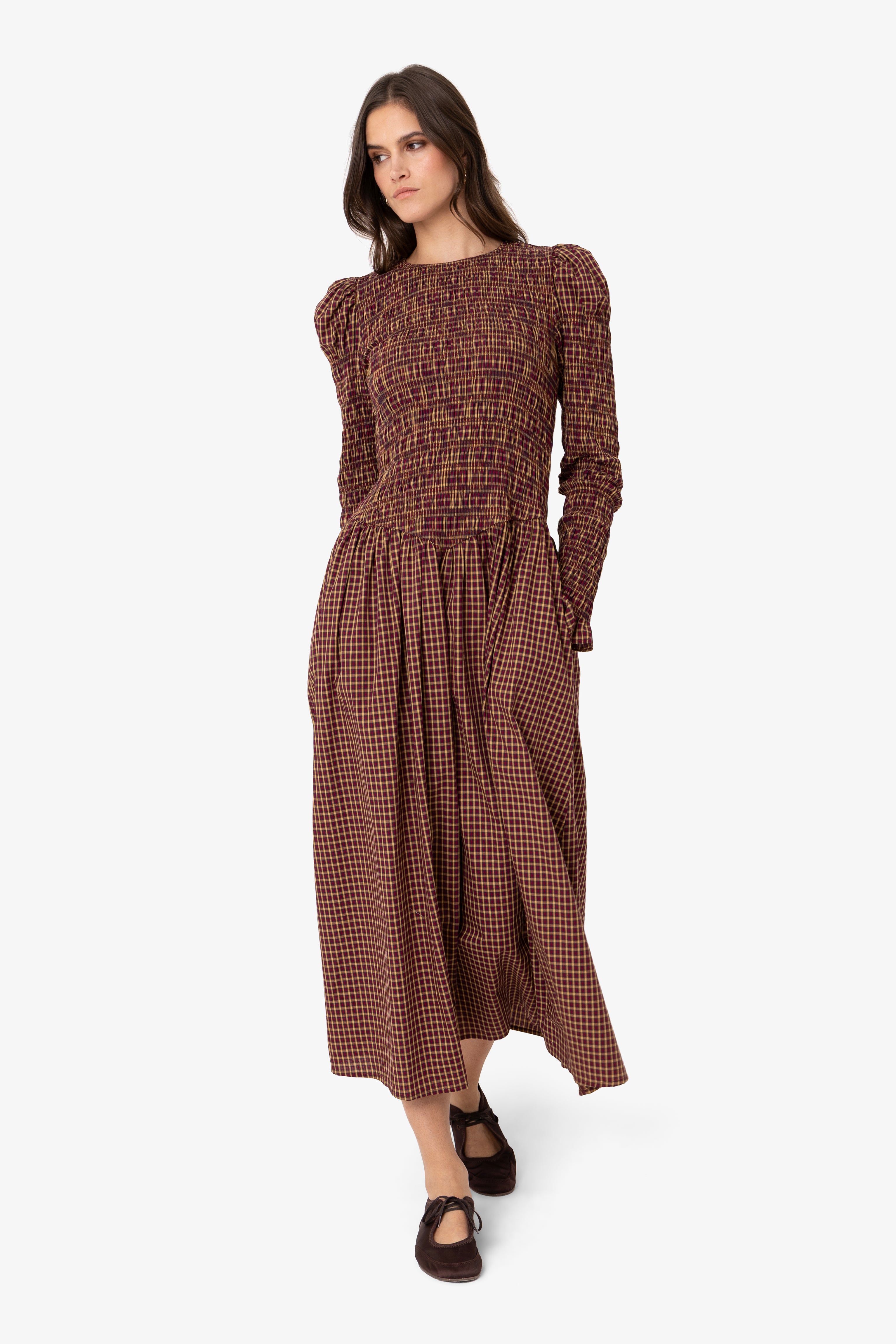 Cara Smocked Cotton Midiaxi Dress in Multi Gingham Check