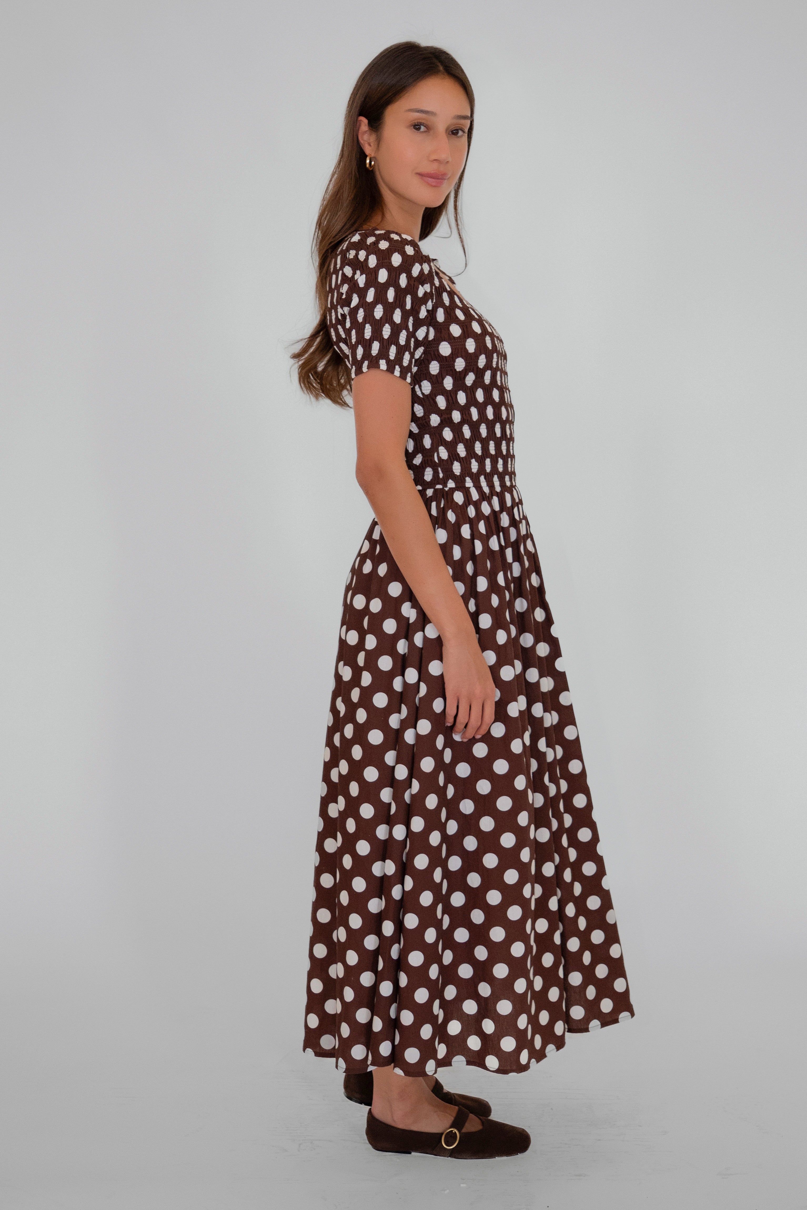 Matilda Pure Cotton Brown Polka Dot Midi Dress