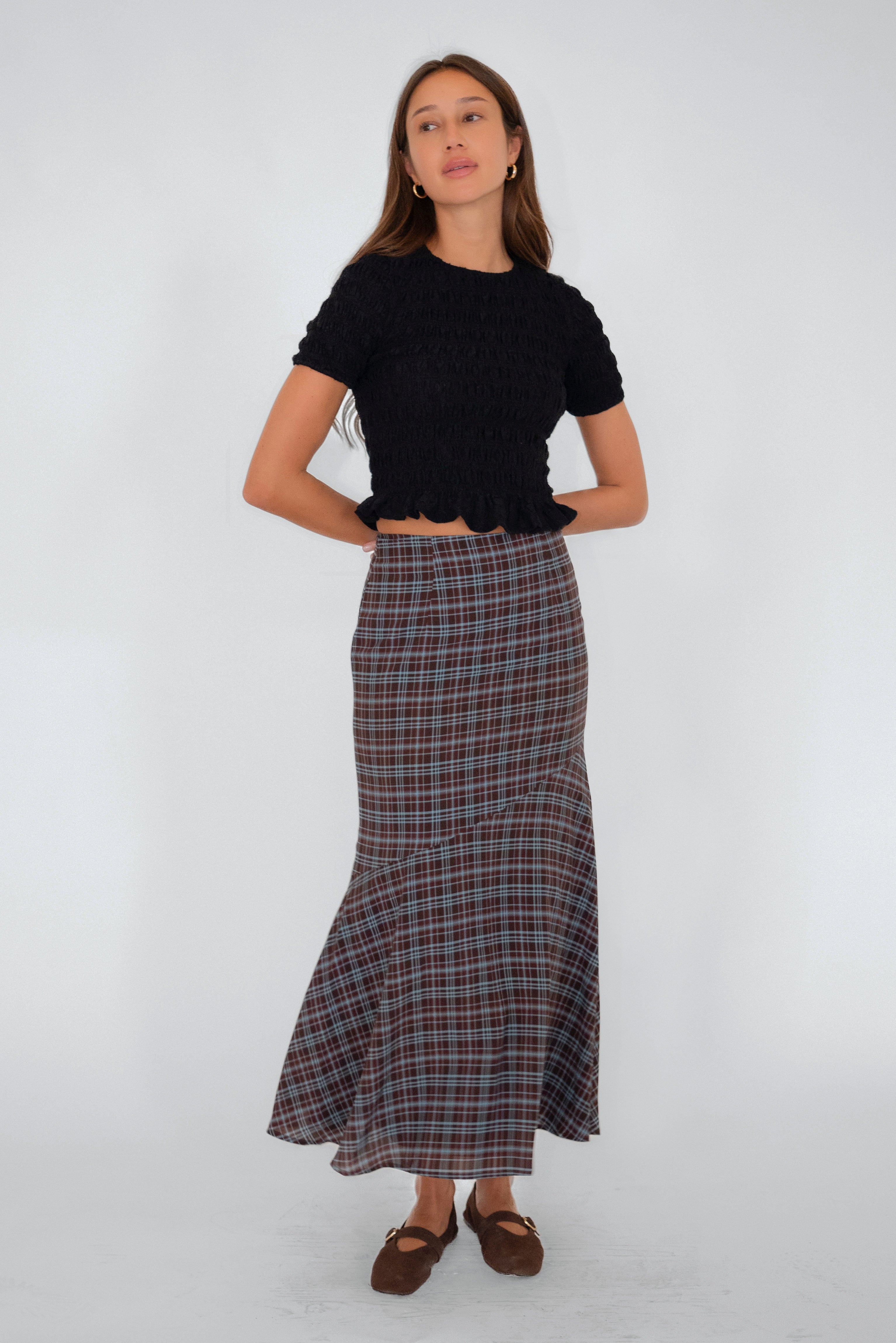 Alma Heritage Check Chiffon Asymmetric Maxi Skirt