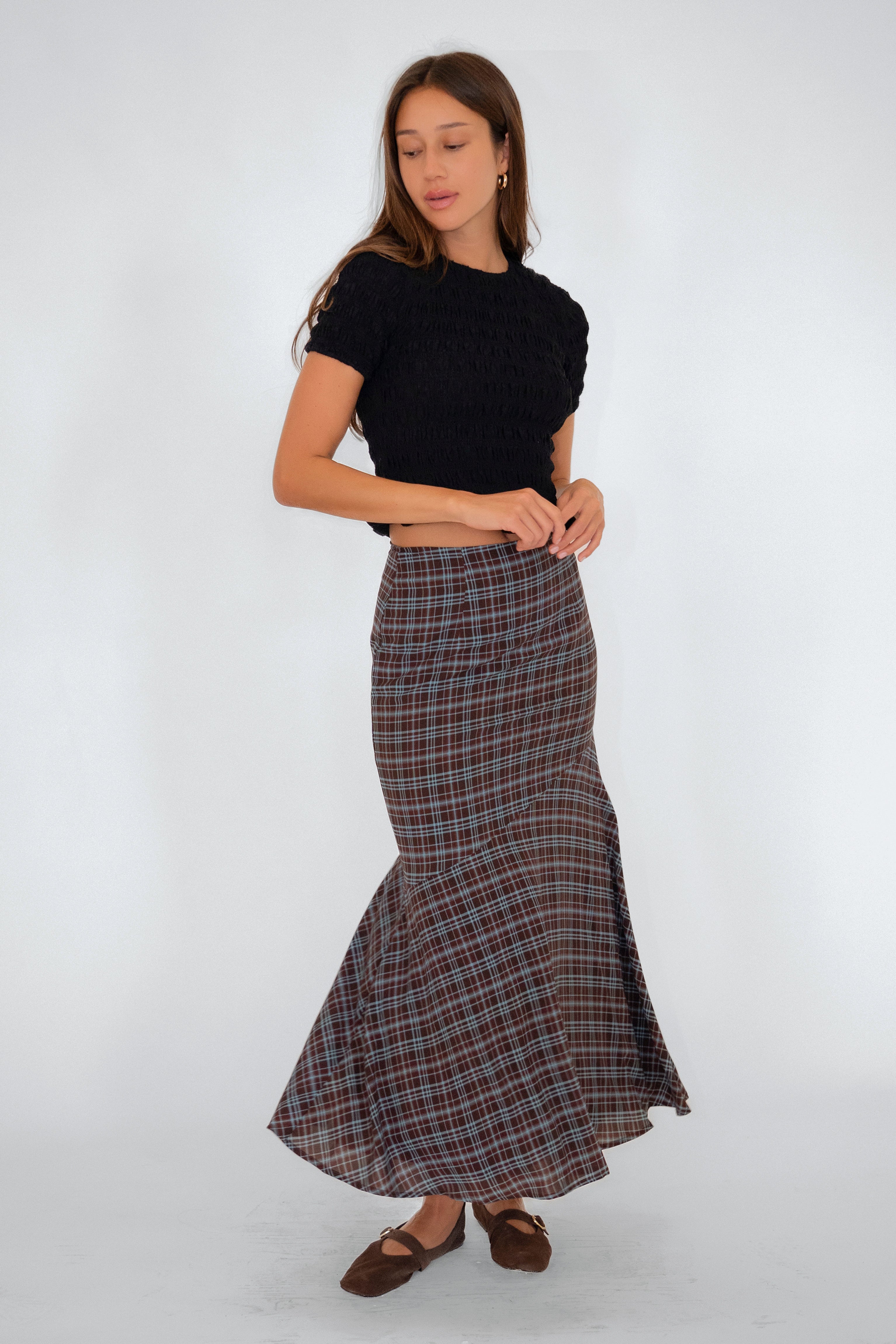 Alma Heritage Check Chiffon Asymmetric Maxi Skirt