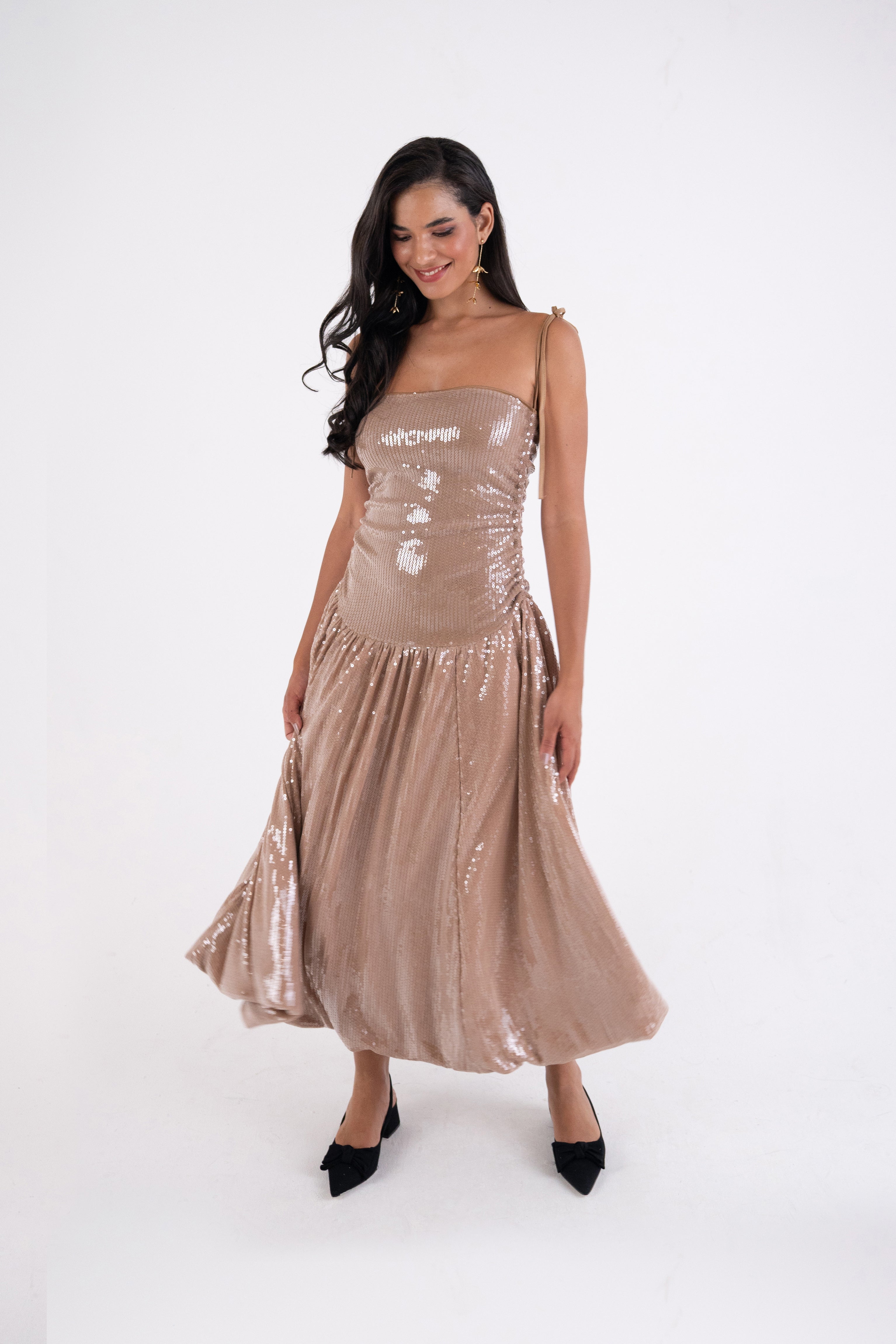 Alexa Champagne Sequin Puffball Dress
