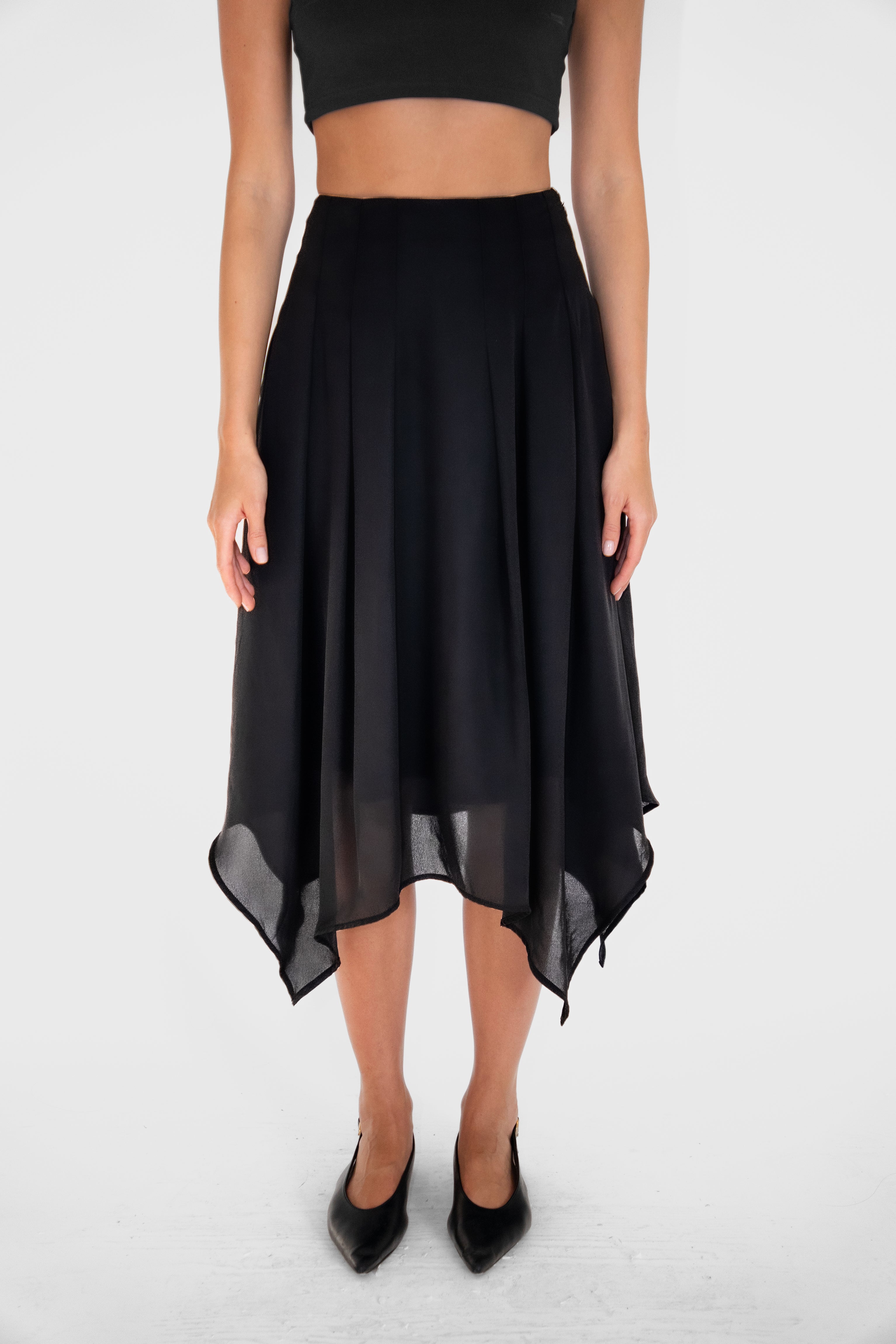 Tilda Black Asymmetric Chiffon Midi Skirt