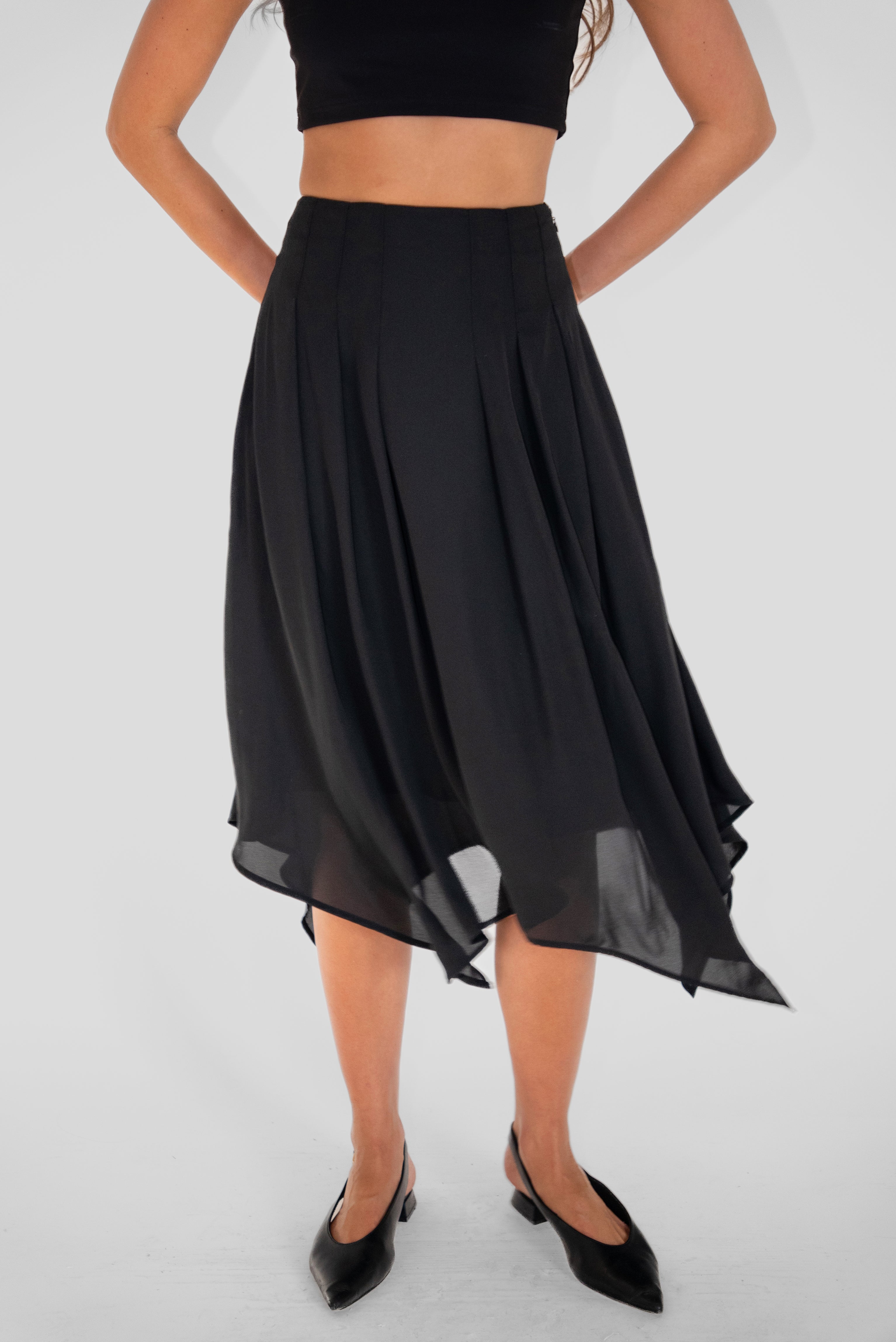 Tilda Black Asymmetric Chiffon Midi Skirt