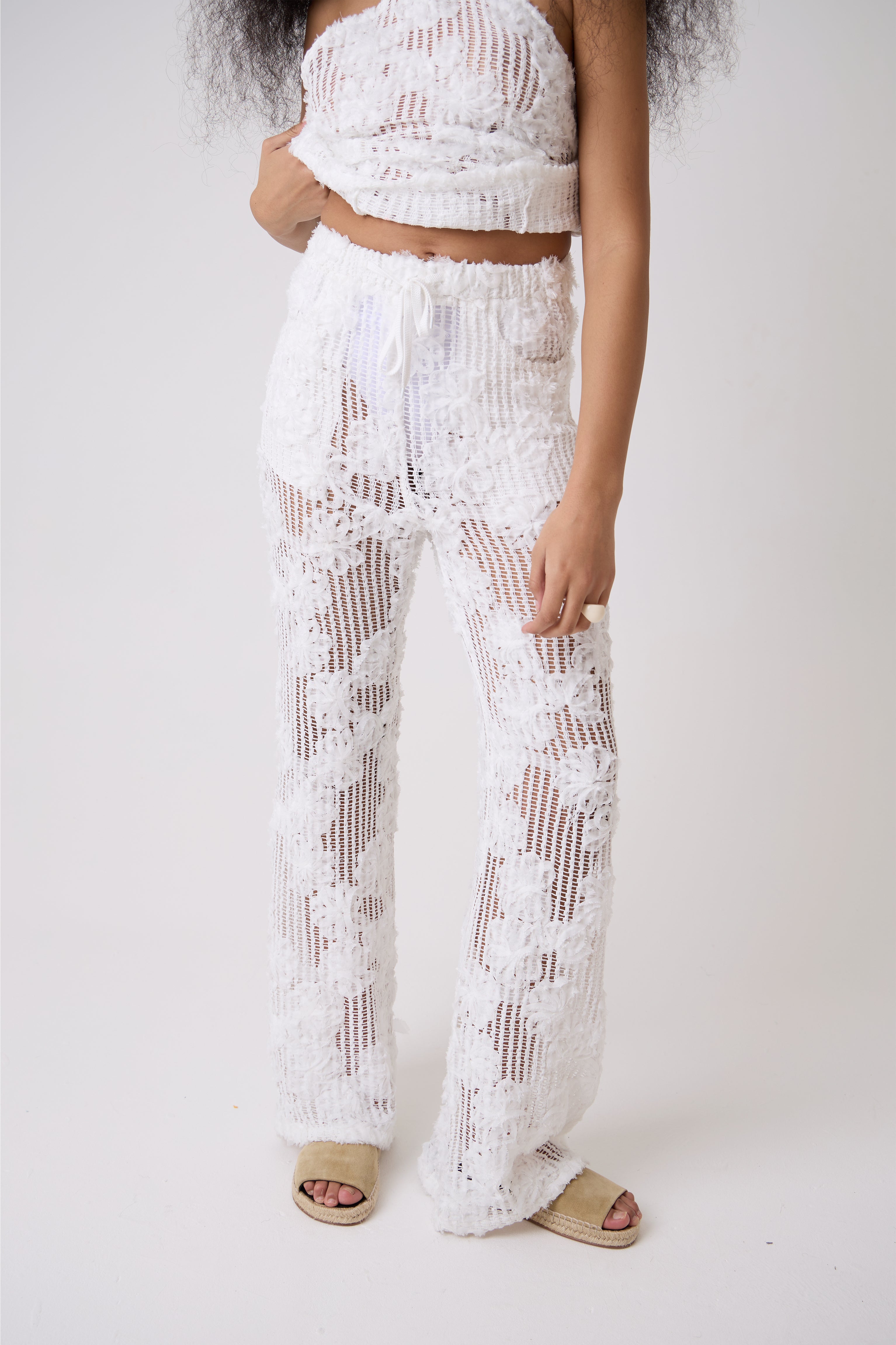 Cici White Crochet Floral Lace Wide Leg Trouser