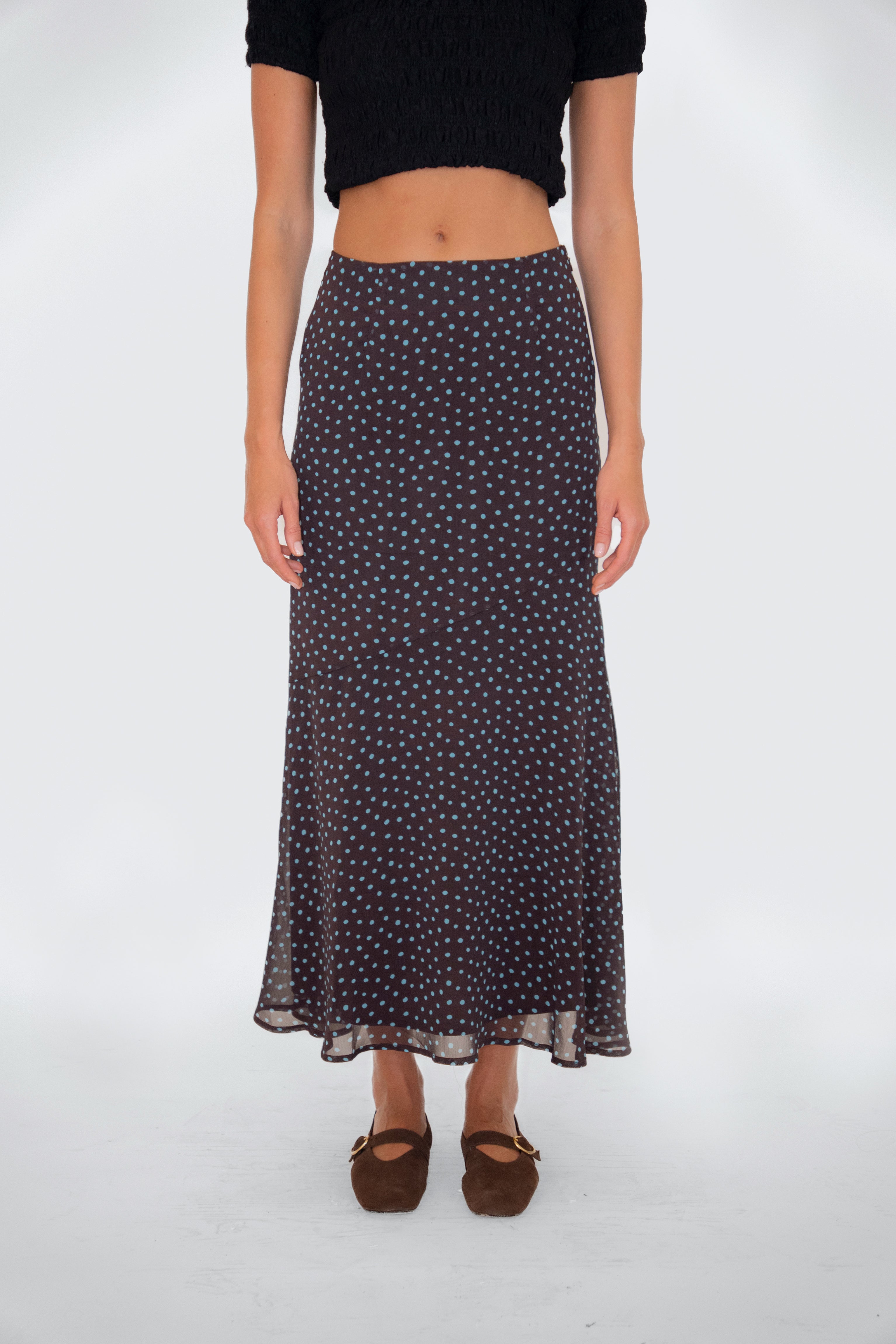 Alma Polka Dot Chiffon Asymmetric Maxi Skirt