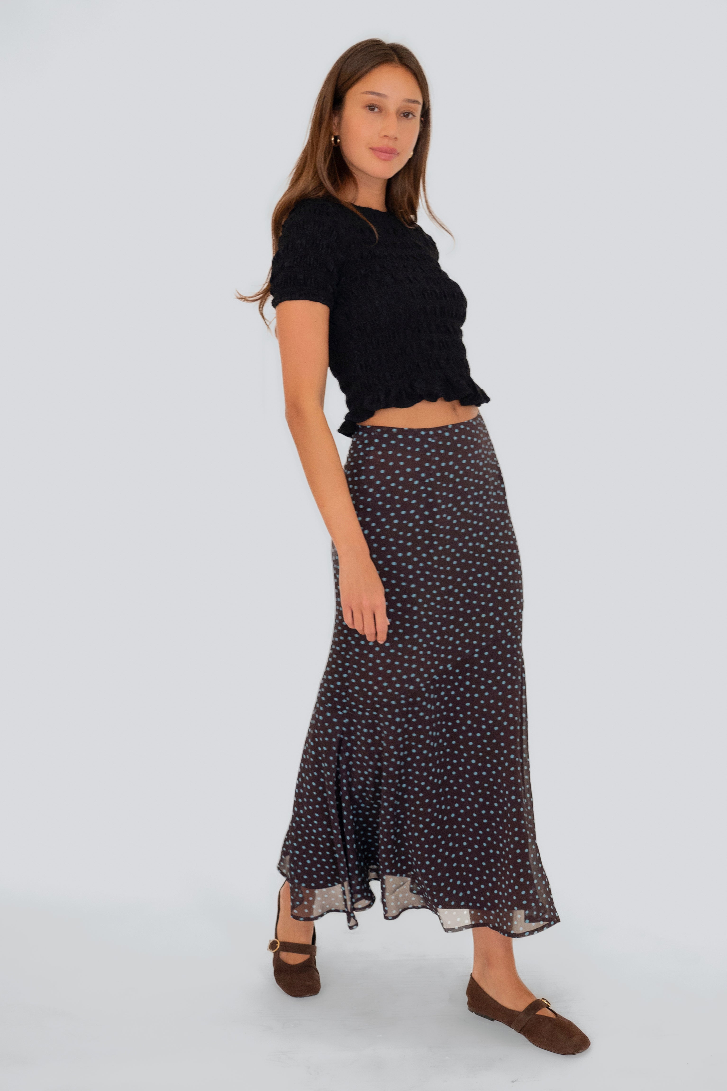 Alma Polka Dot Chiffon Asymmetric Maxi Skirt