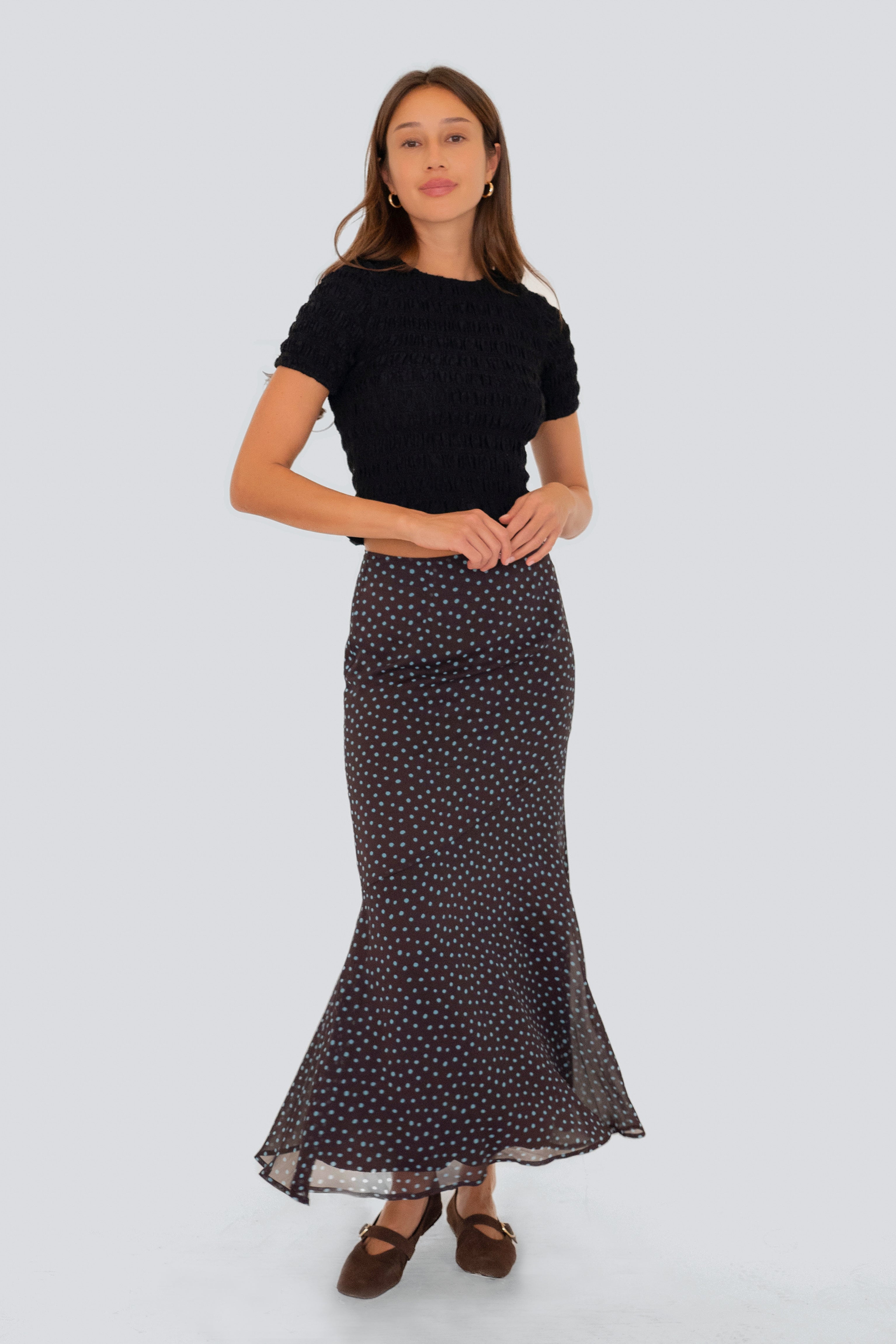 Alma Polka Dot Chiffon Asymmetric Maxi Skirt